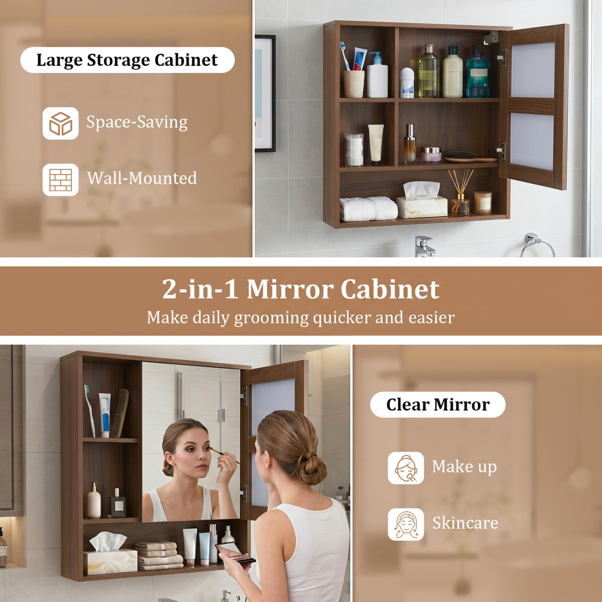 Wall-Mounted Mirror Cabinet with 2 Hidden Shelves and 3 Open Compartments