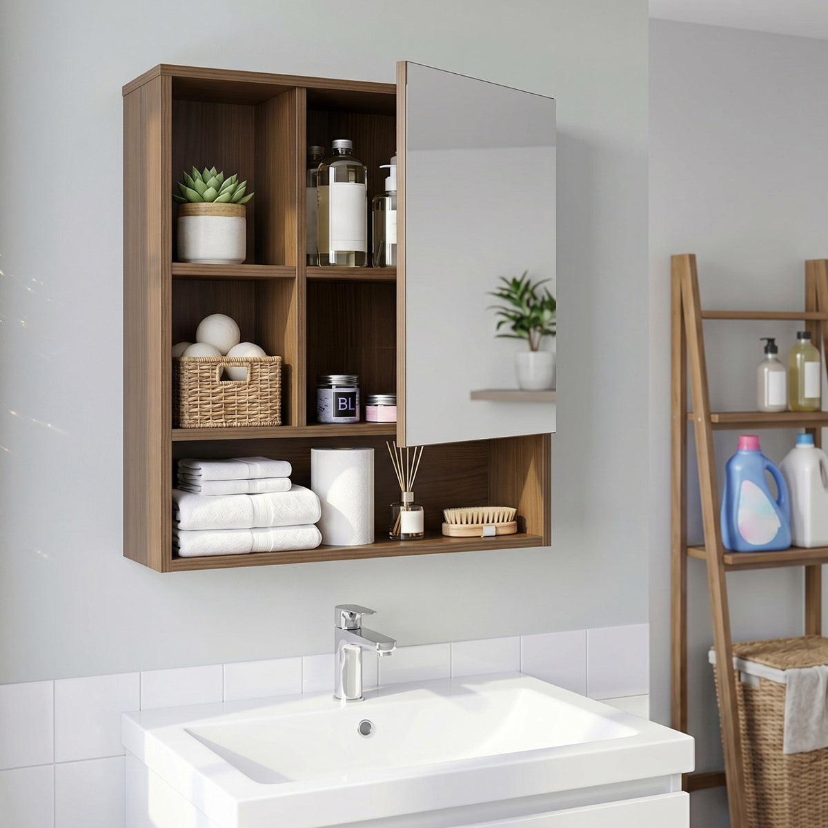 Wall-Mounted Mirror Cabinet with 2 Hidden Shelves and 3 Open Compartments