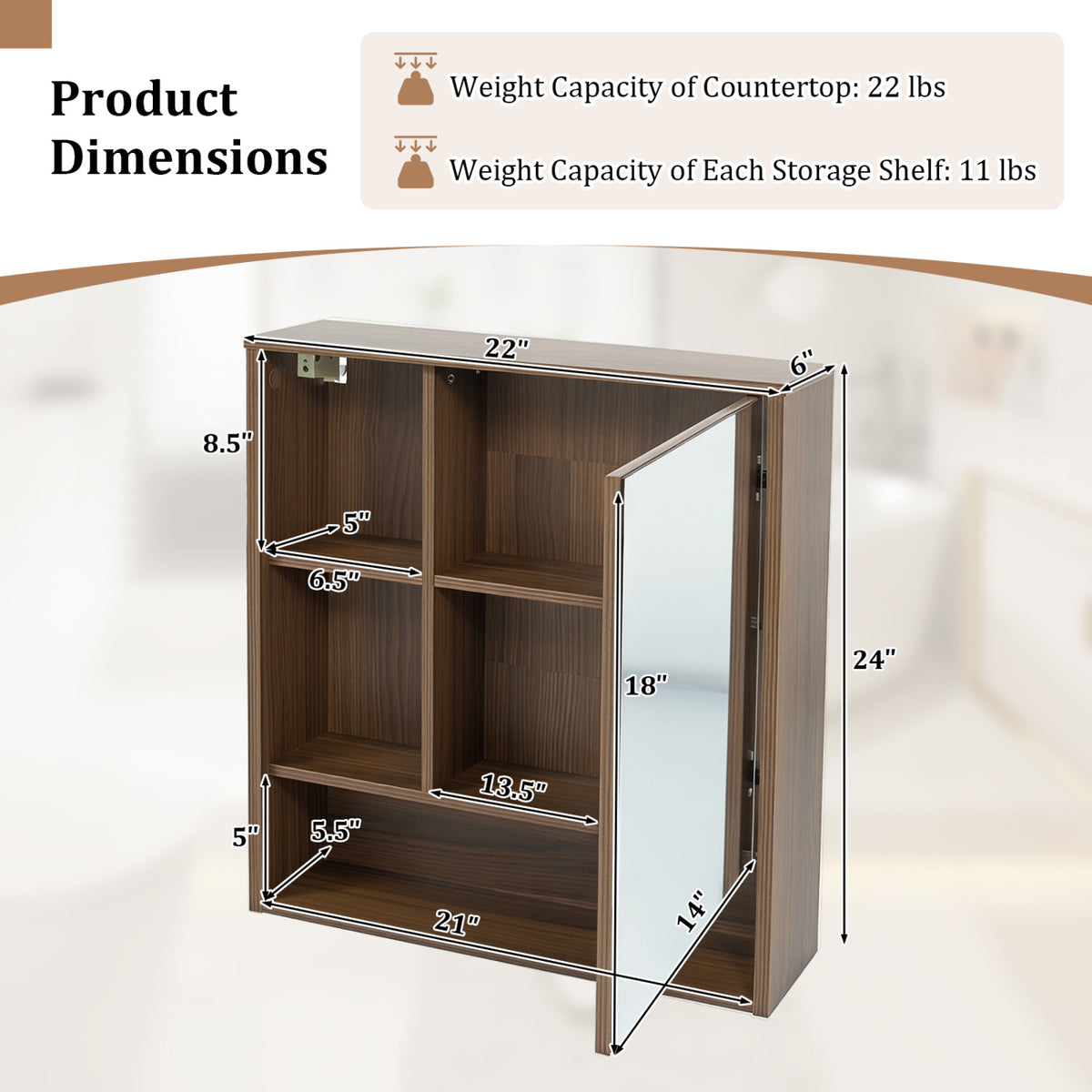 Wall-Mounted Mirror Cabinet with 2 Hidden Shelves and 3 Open Compartments