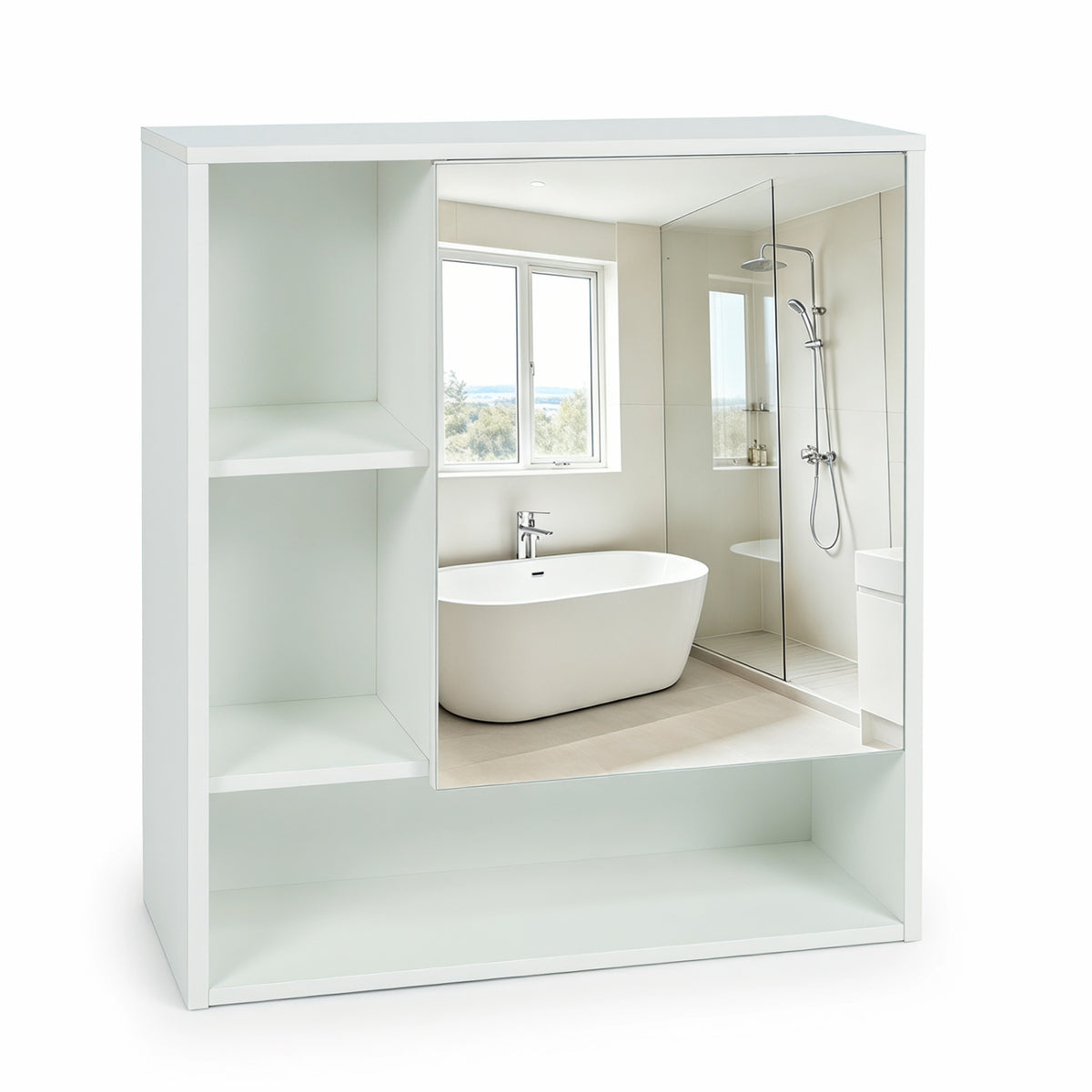 Wall-Mounted Mirror Cabinet with 2 Hidden Shelves and 3 Open Compartments