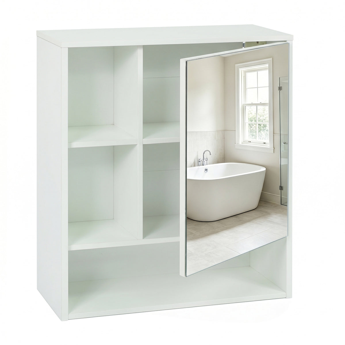 Wall-Mounted Mirror Cabinet with 2 Hidden Shelves and 3 Open Compartments