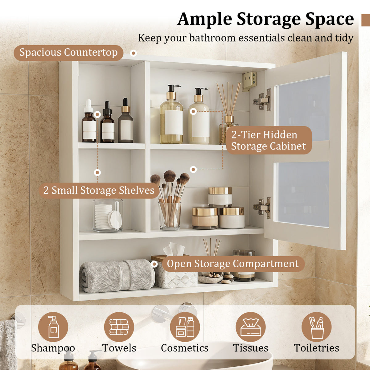 Wall-Mounted Mirror Cabinet with 2 Hidden Shelves and 3 Open Compartments