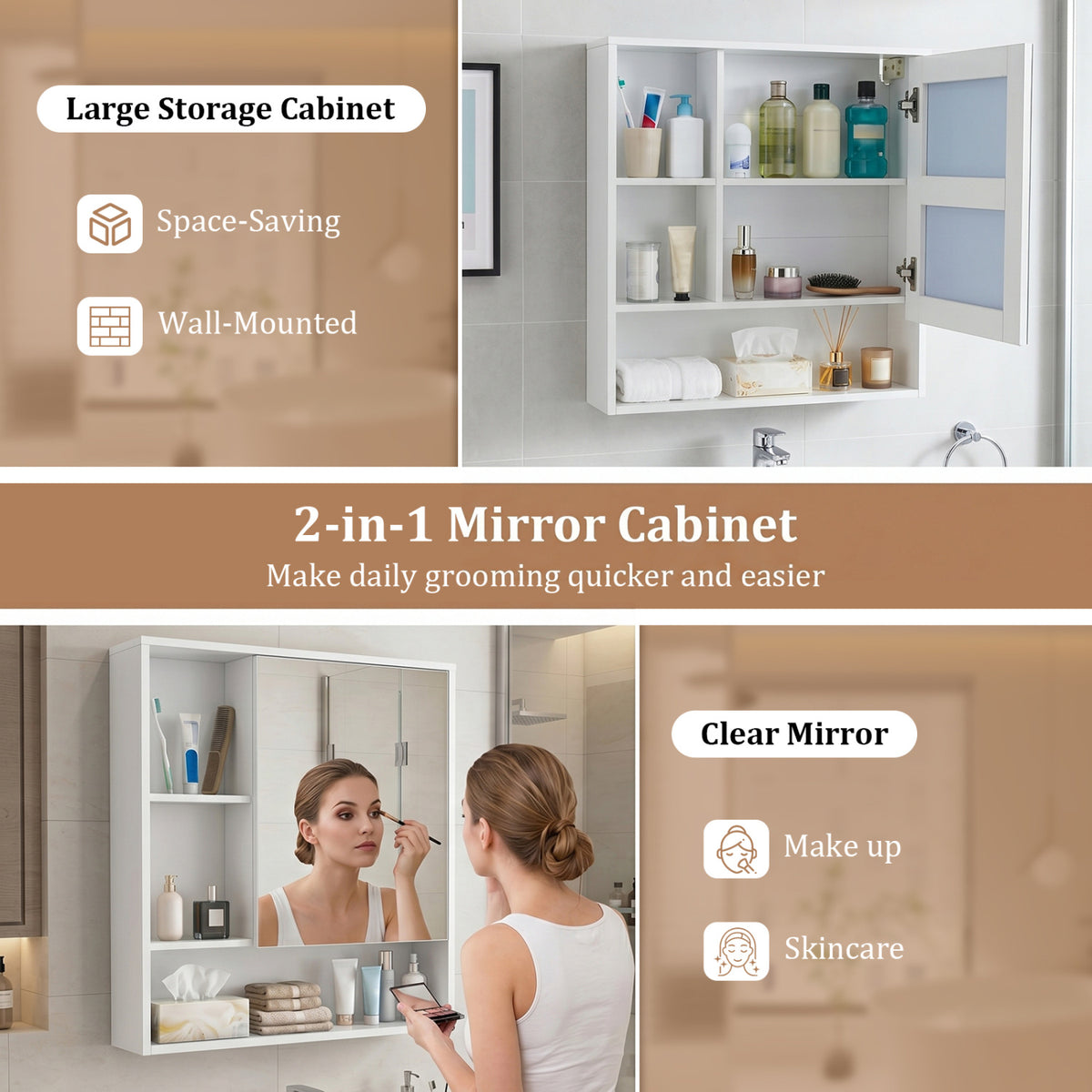 Wall-Mounted Mirror Cabinet with 2 Hidden Shelves and 3 Open Compartments