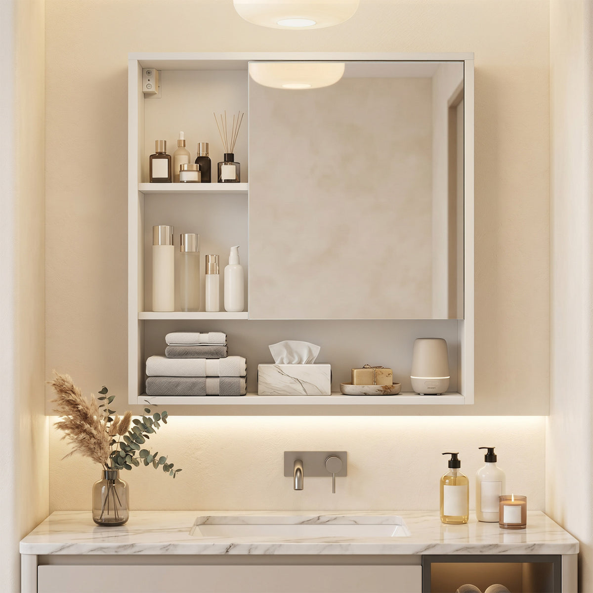 Wall-Mounted Mirror Cabinet with 2 Hidden Shelves and 3 Open Compartments