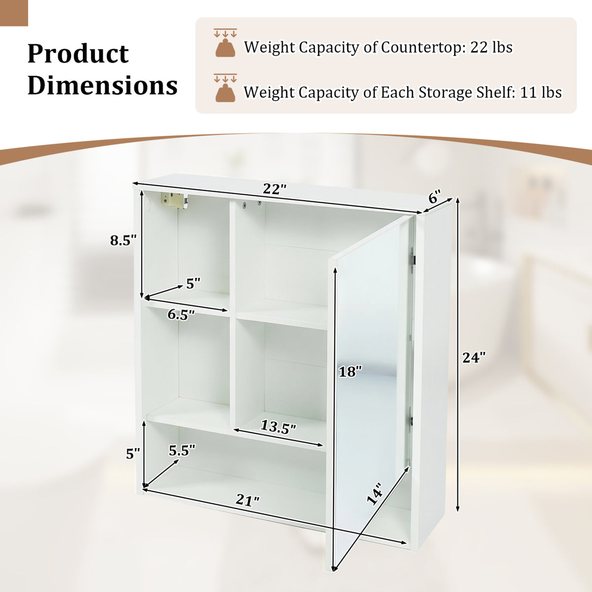 Wall-Mounted Mirror Cabinet with 2 Hidden Shelves and 3 Open Compartments