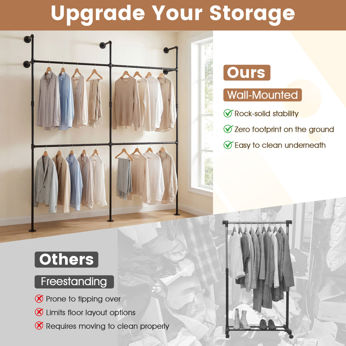 Wall Mounted Pipe Clothing Rack with 4 Hanging Rods-Black