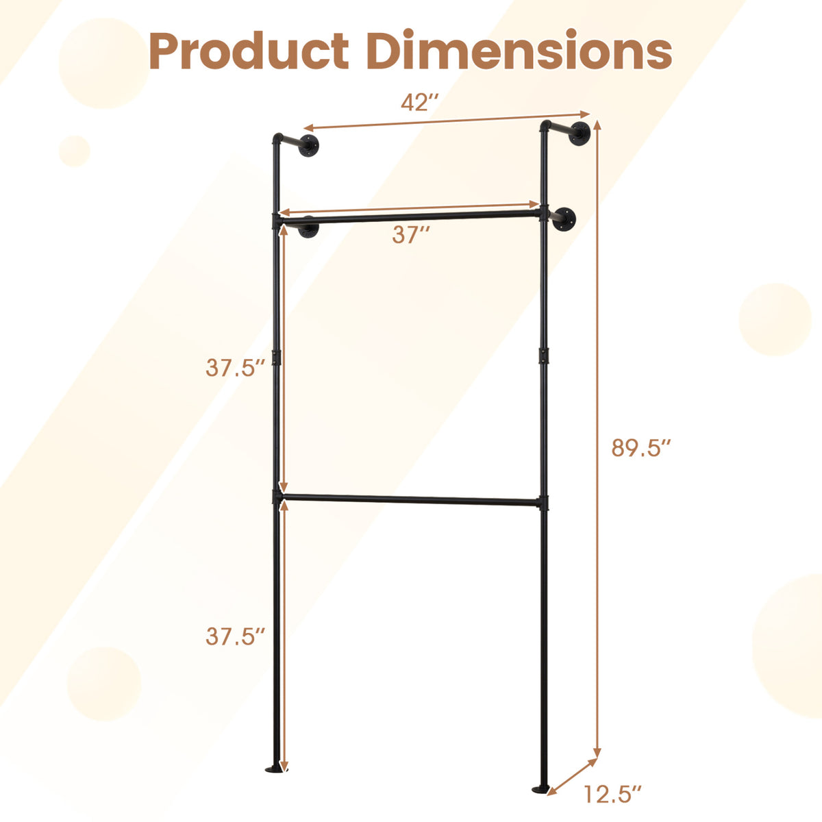 Wall Mounted Pipe Clothing Rack with 2 Hanging Rods-Black