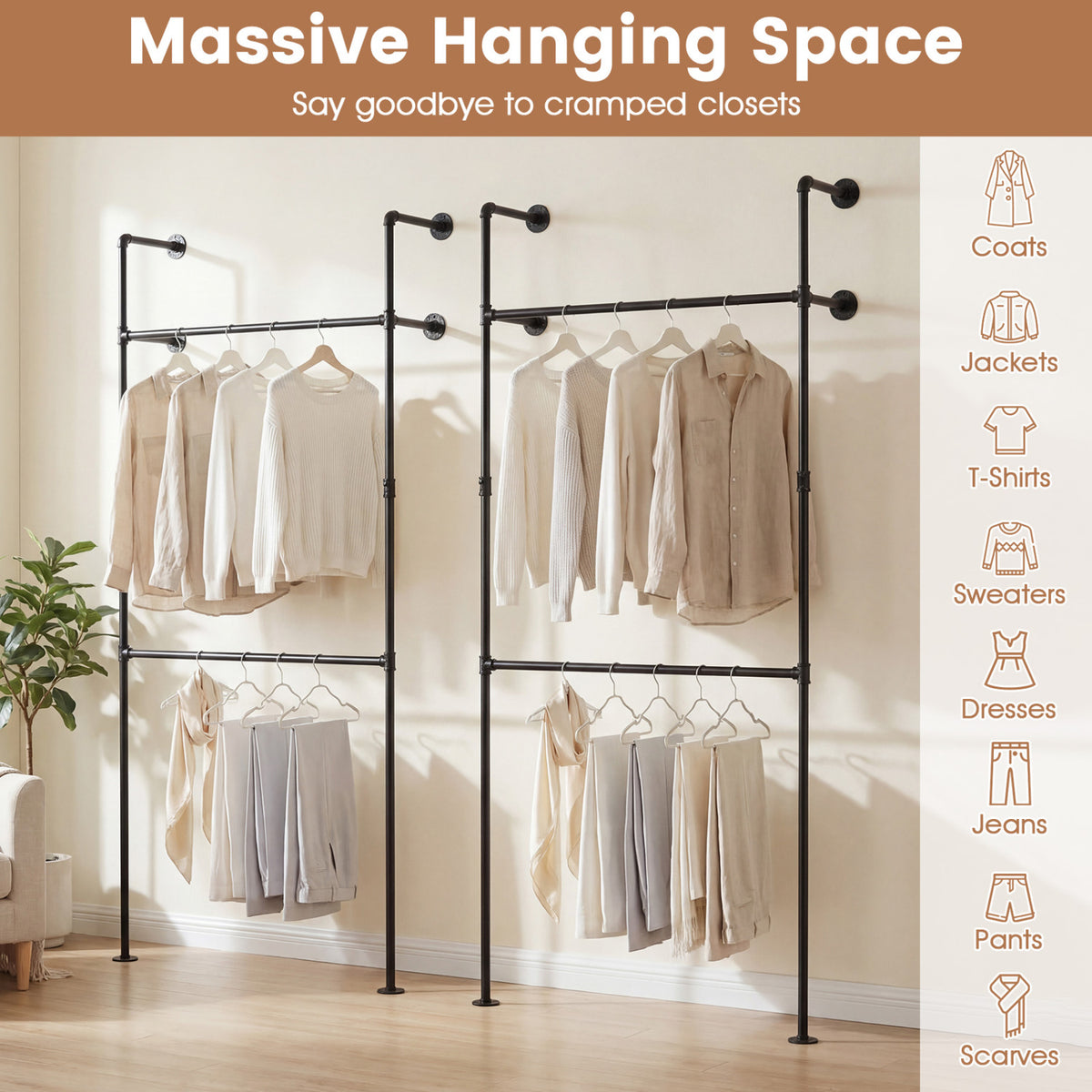 Wall Mounted Pipe Clothing Rack with 2 Hanging Rods-Black