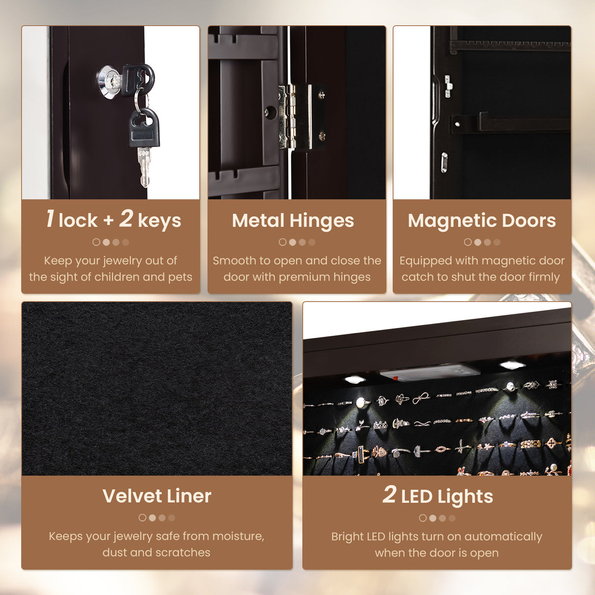 Wall and Door Mounted Mirrored Jewelry Cabinet with Lights