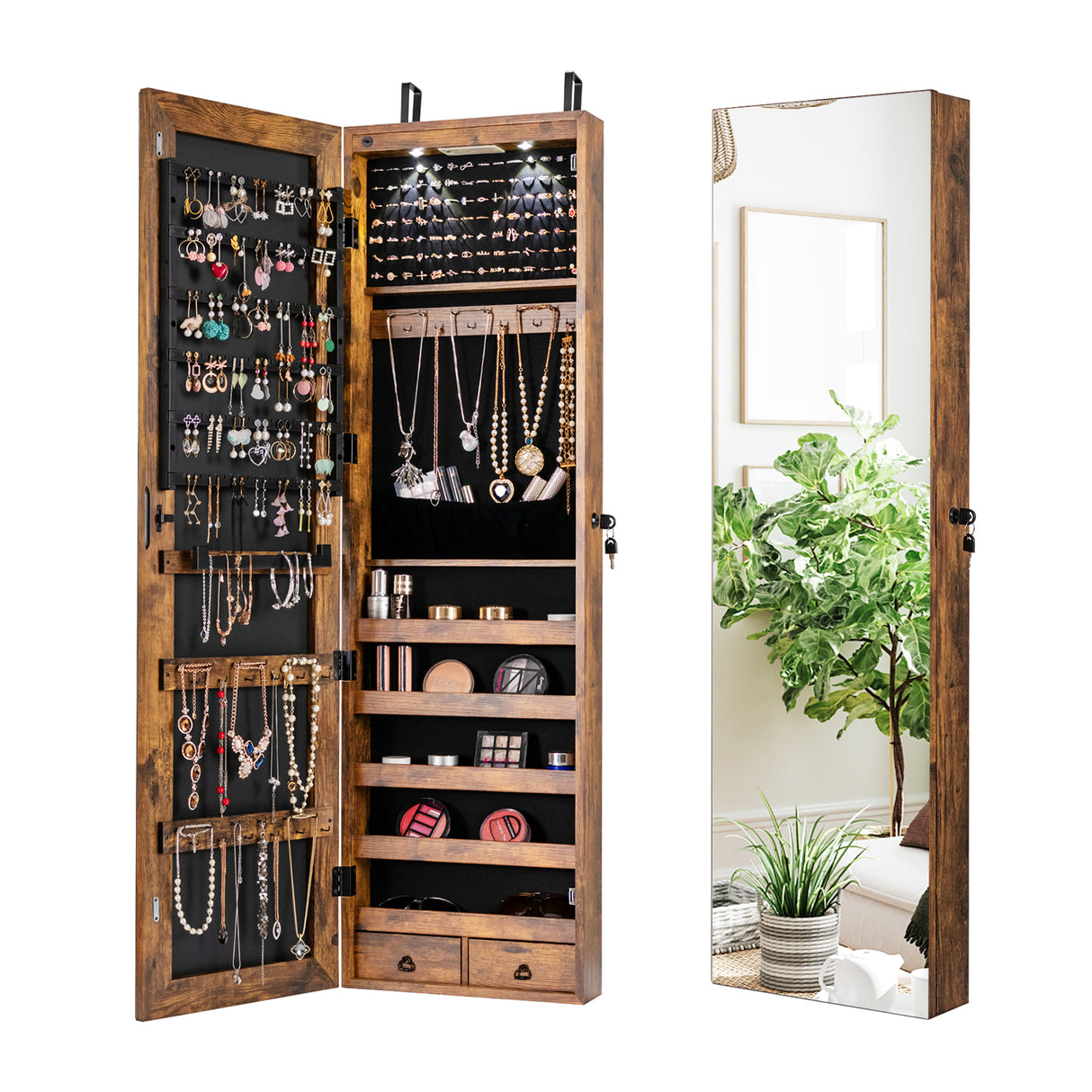 Wall and Door Mounted Mirrored Jewelry Cabinet with Lights