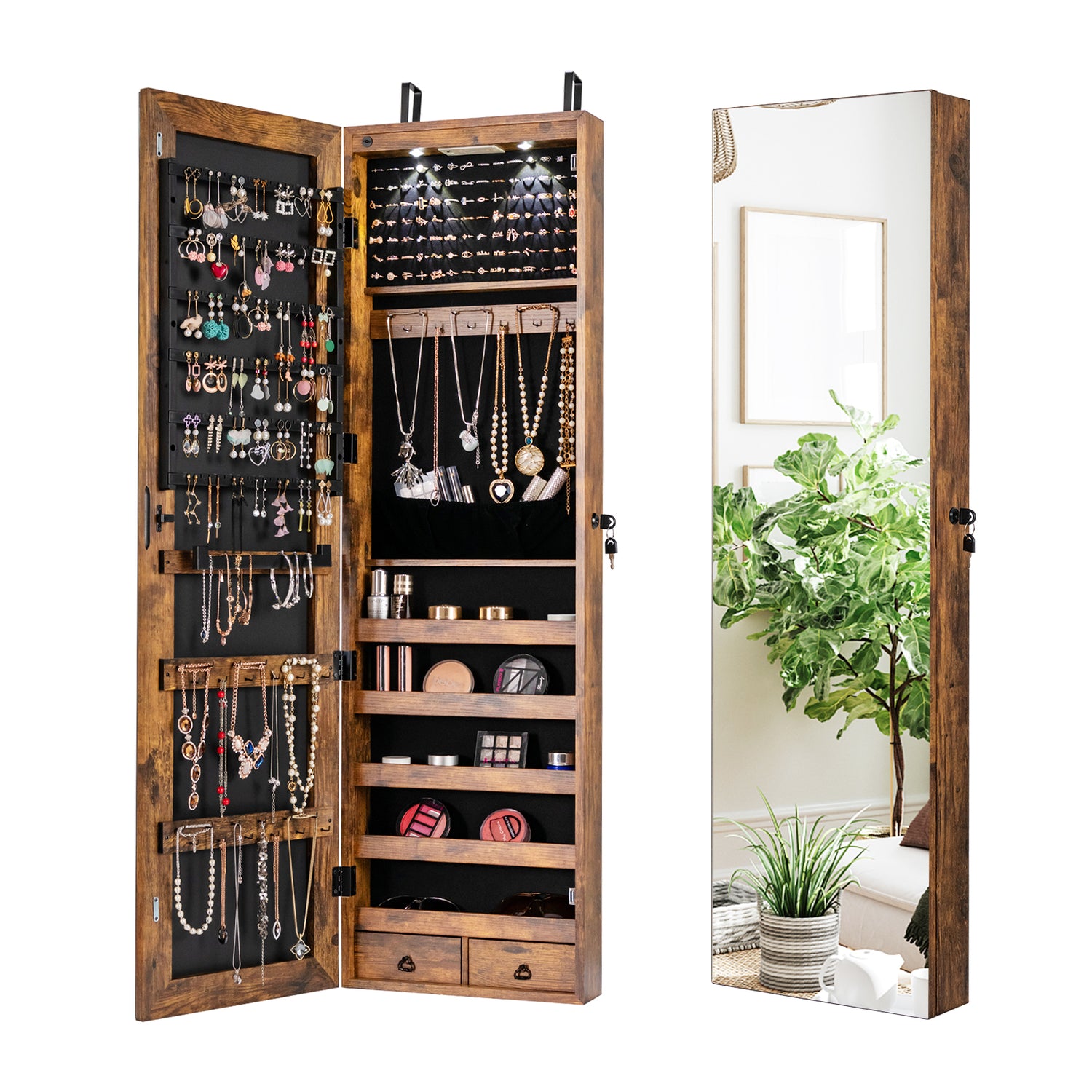 Wall and Door Mounted Mirrored Jewelry Cabinet with Lights