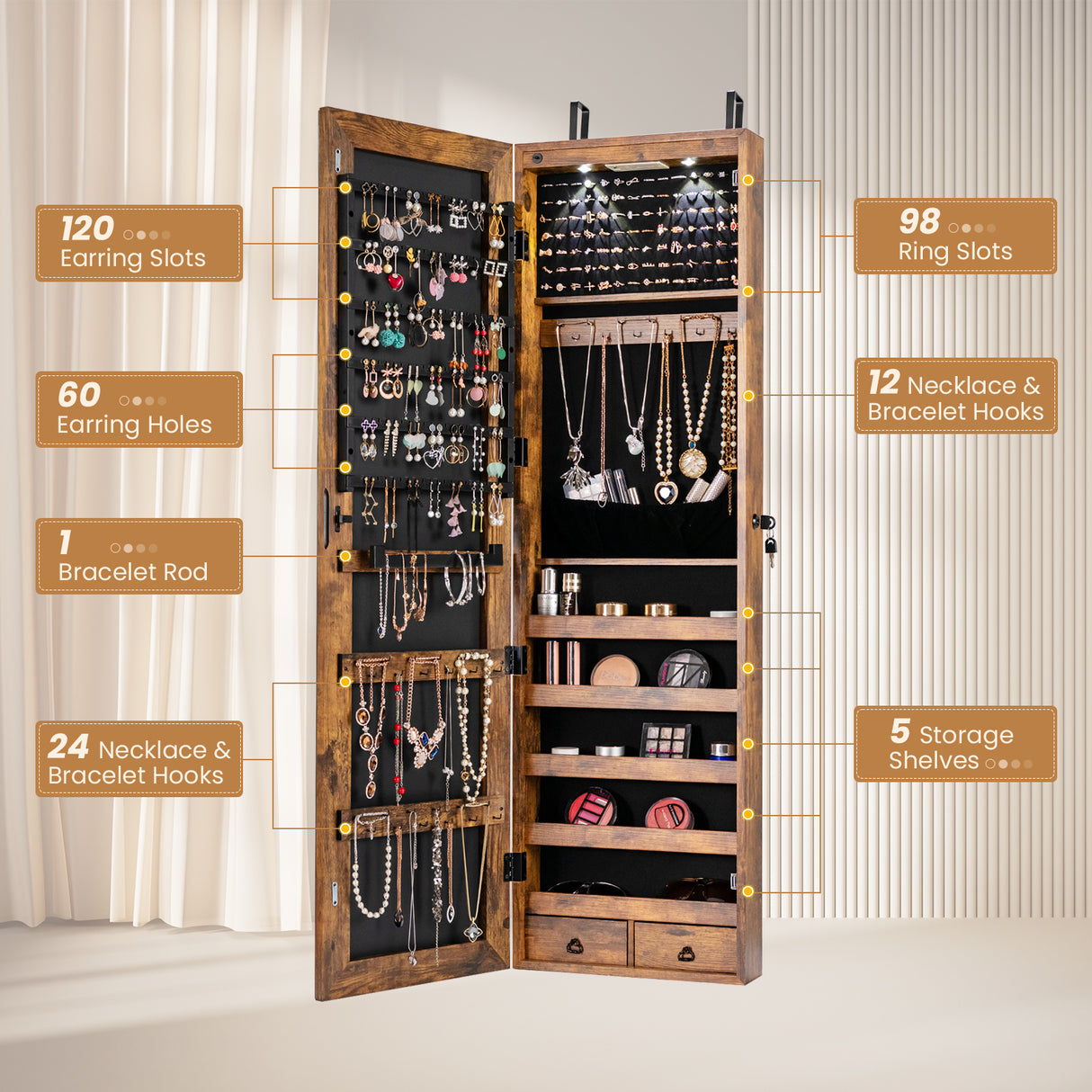 Wall and Door Mounted Mirrored Jewelry Cabinet with Lights