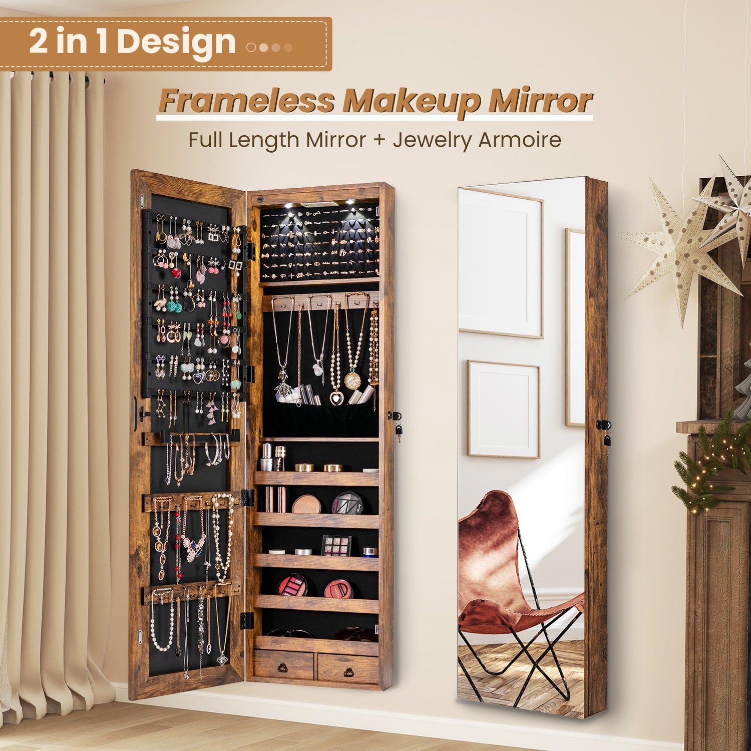 Wall and Door Mounted Mirrored Jewelry Cabinet with Lights