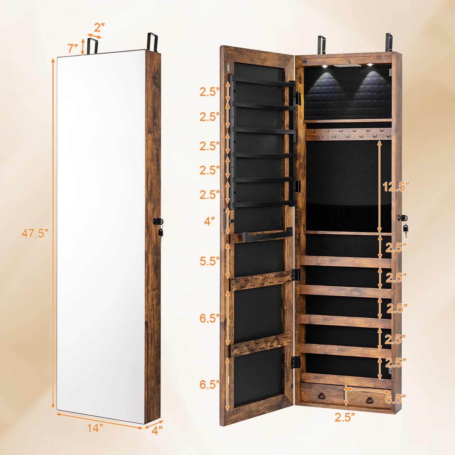 Wall and Door Mounted Mirrored Jewelry Cabinet with Lights