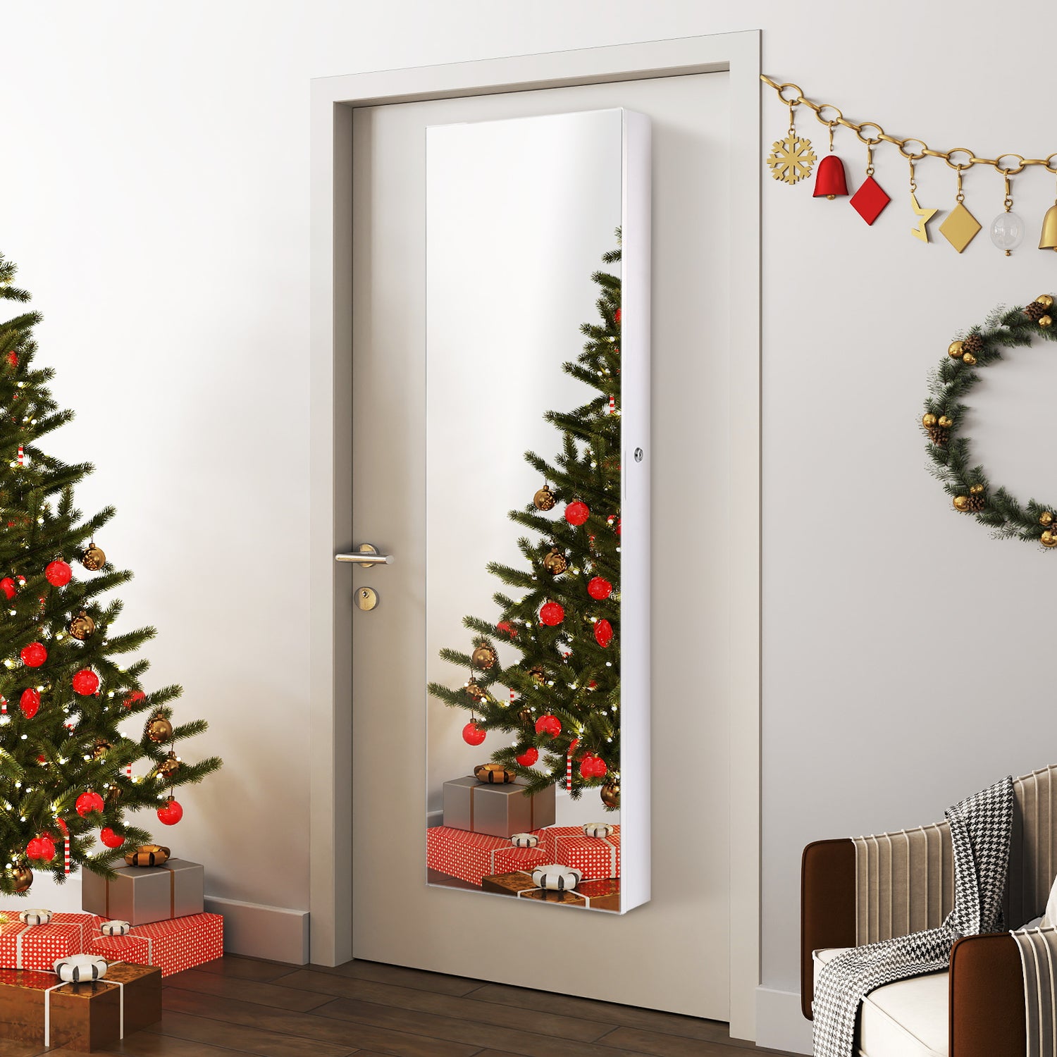 Wall and Door Mounted Mirrored Jewelry Cabinet with Lights