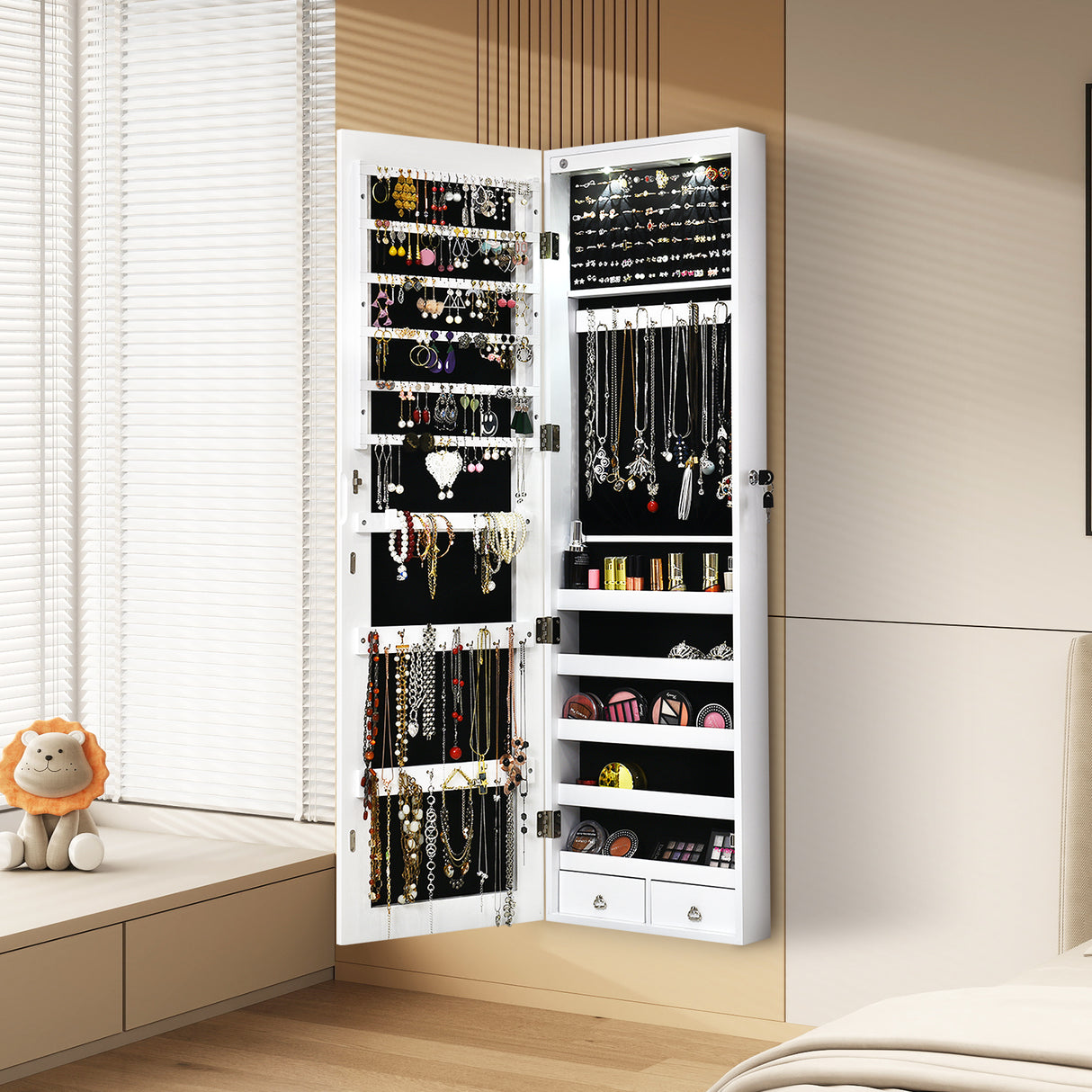 Wall and Door Mounted Mirrored Jewelry Cabinet with Lights