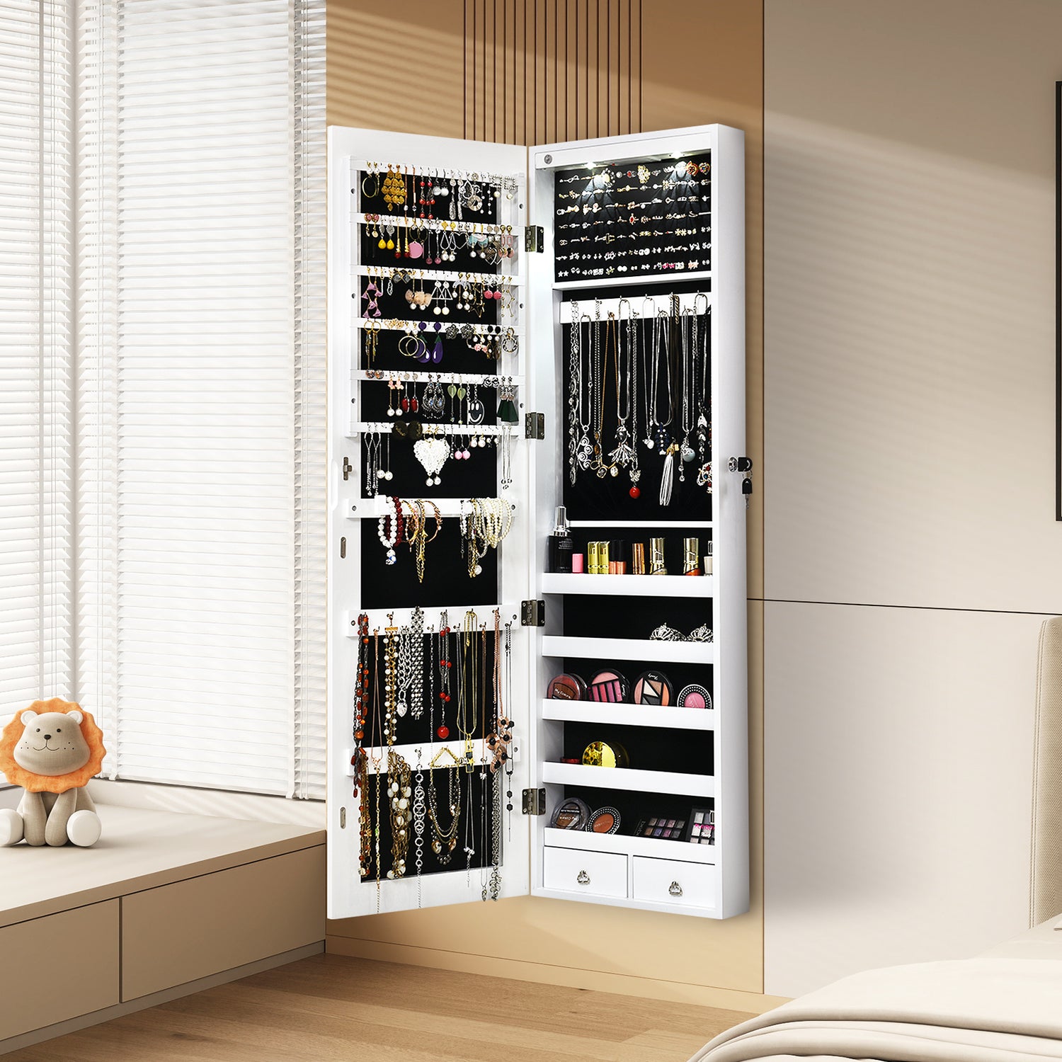 Wall and Door Mounted Mirrored Jewelry Cabinet with Lights