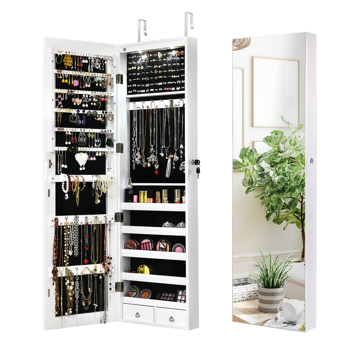 Wall and Door Mounted Mirrored Jewelry Cabinet with Lights