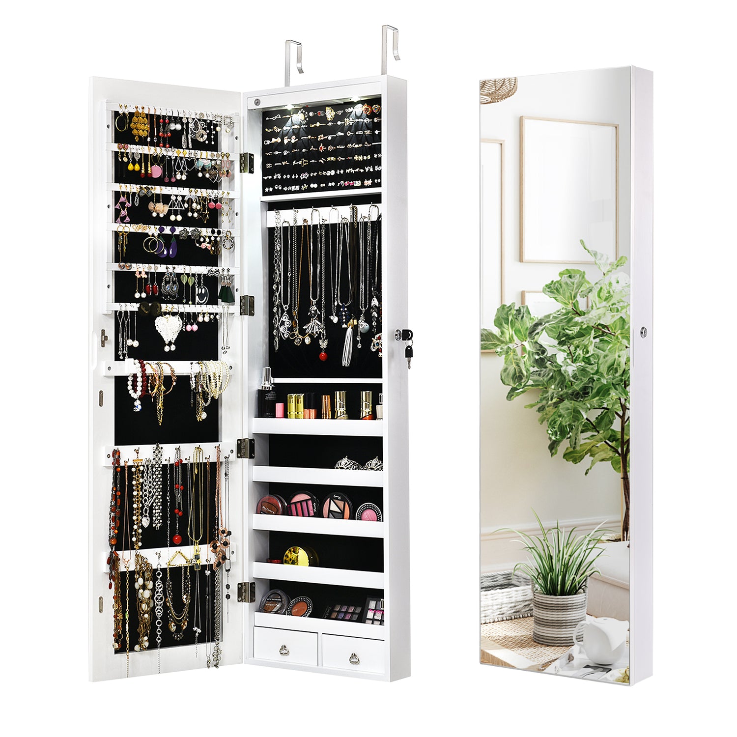 Wall and Door Mounted Mirrored Jewelry Cabinet with Lights
