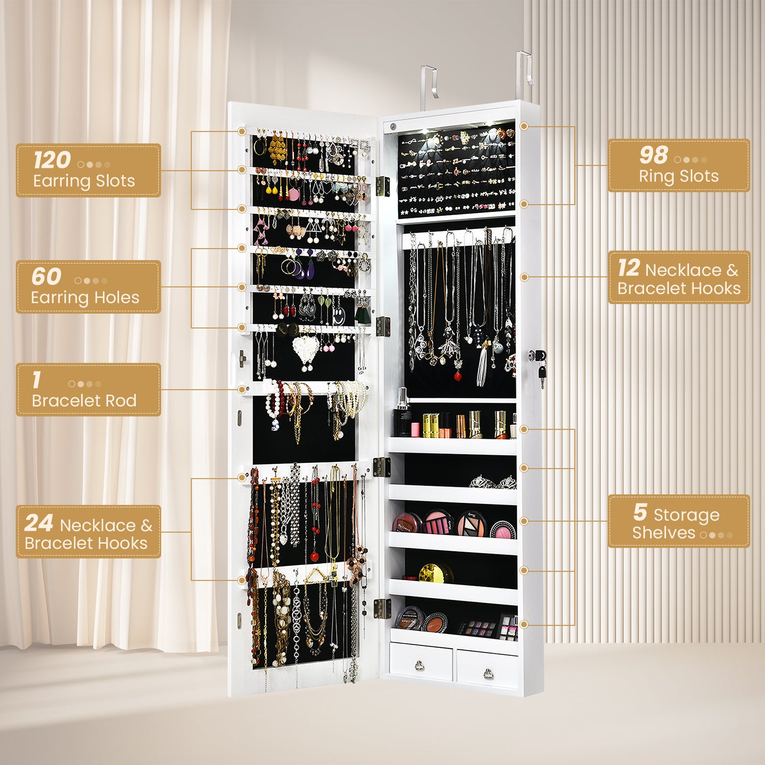 Wall and Door Mounted Mirrored Jewelry Cabinet with Lights