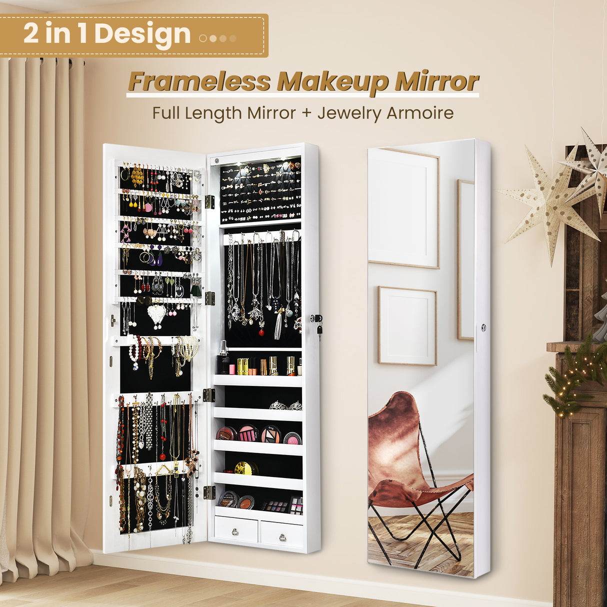 Wall and Door Mounted Mirrored Jewelry Cabinet with Lights