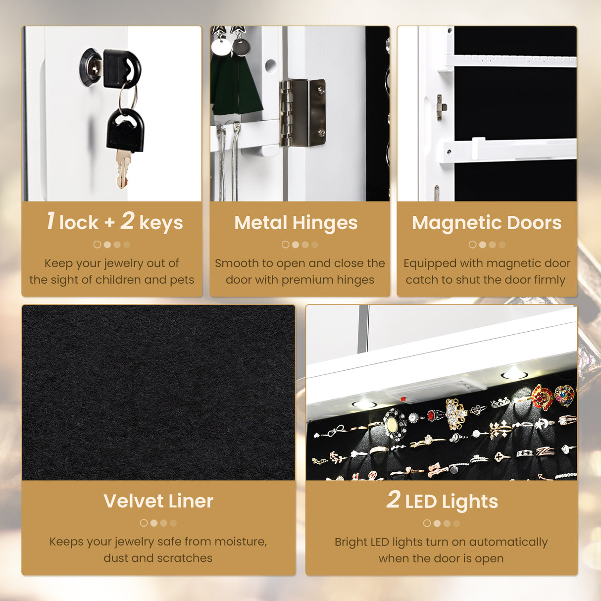 Wall and Door Mounted Mirrored Jewelry Cabinet with Lights