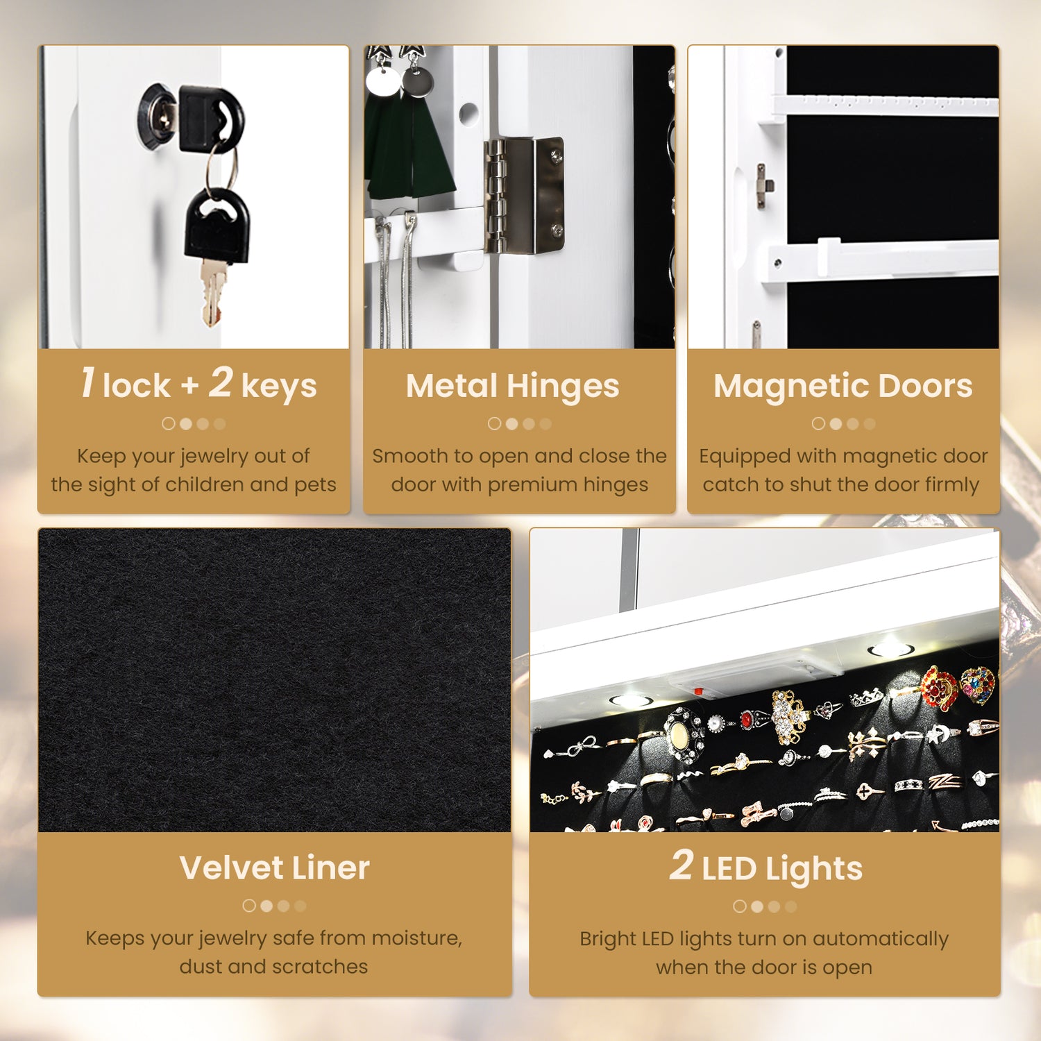 Wall and Door Mounted Mirrored Jewelry Cabinet with Lights
