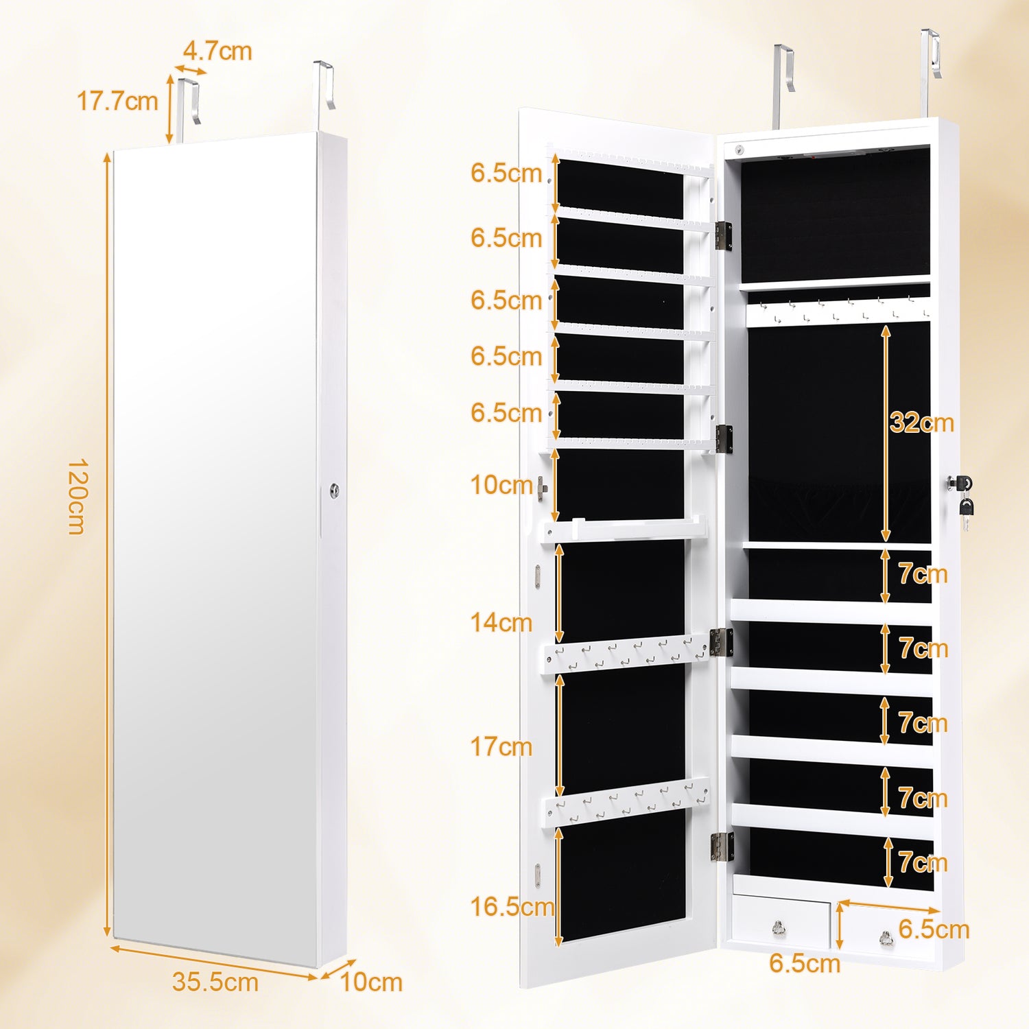 Wall and Door Mounted Mirrored Jewelry Cabinet with Lights
