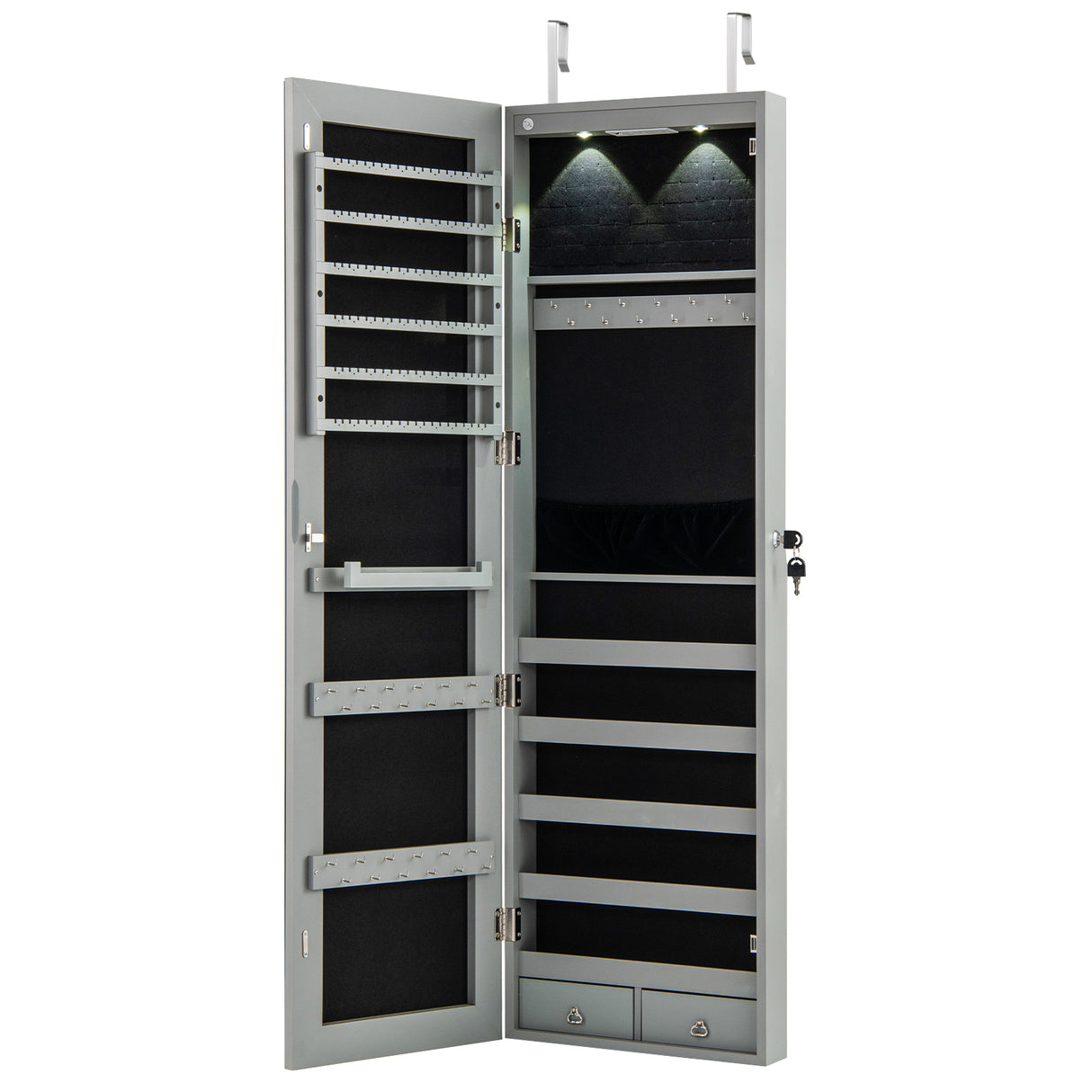 Wall and Door Mounted Mirrored Jewelry Cabinet with Lights