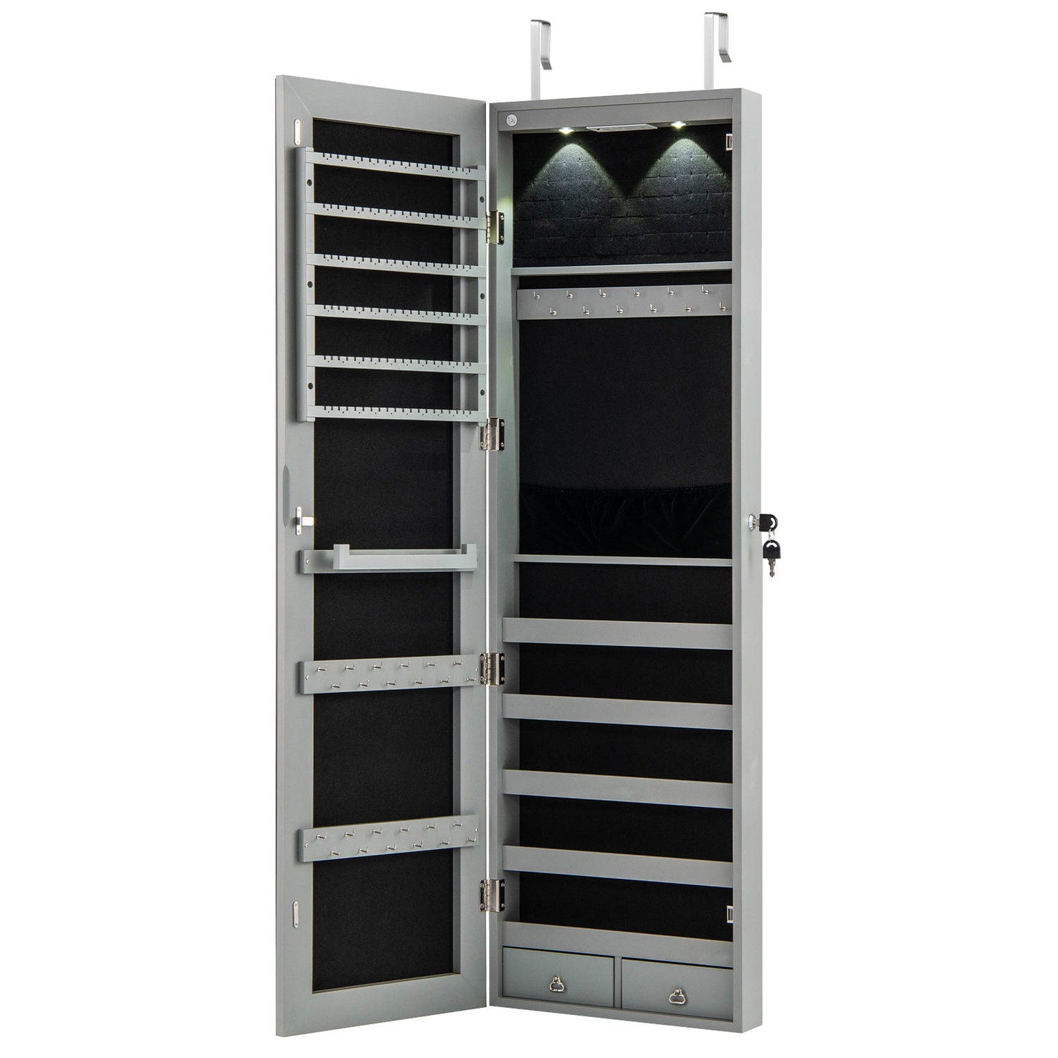 Wall and Door Mounted Mirrored Jewelry Cabinet with Lights