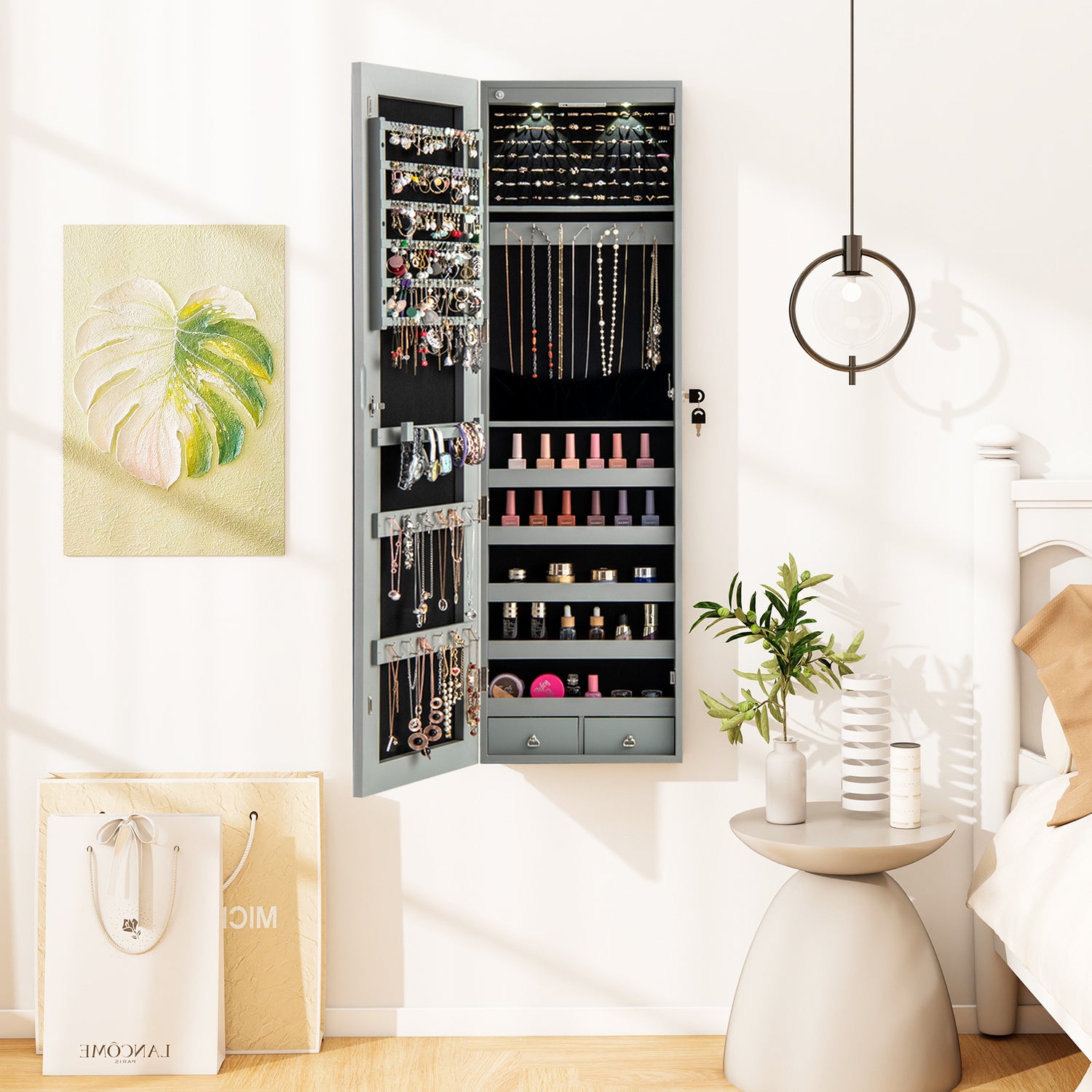 Wall and Door Mounted Mirrored Jewelry Cabinet with Lights