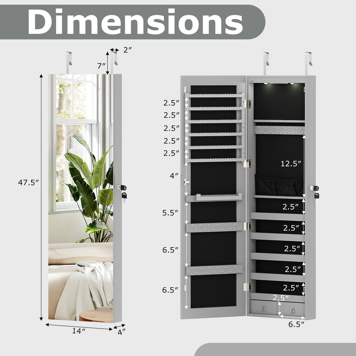 Wall and Door Mounted Mirrored Jewelry Cabinet with Lights