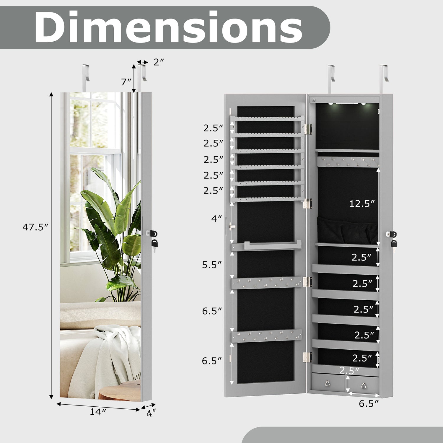 Wall and Door Mounted Mirrored Jewelry Cabinet with Lights