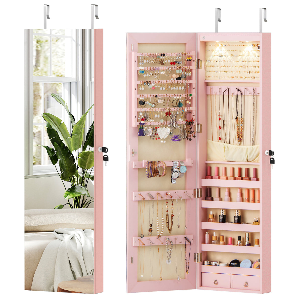 Wall and Door Mounted Mirrored Jewelry Cabinet with Lights