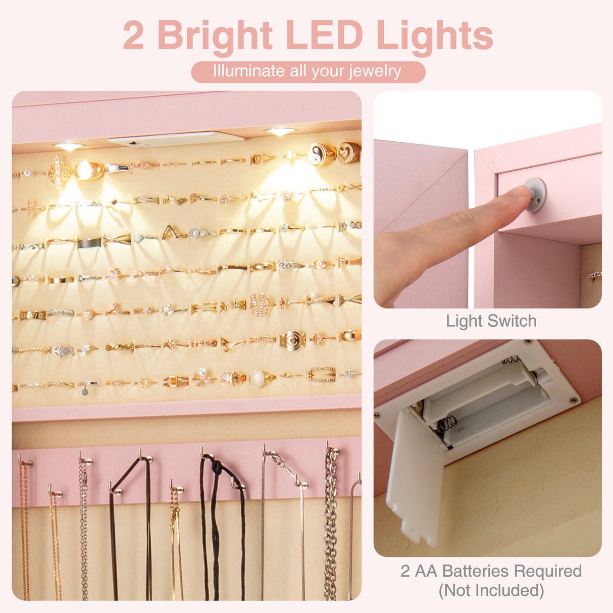 Wall and Door Mounted Mirrored Jewelry Cabinet with Lights