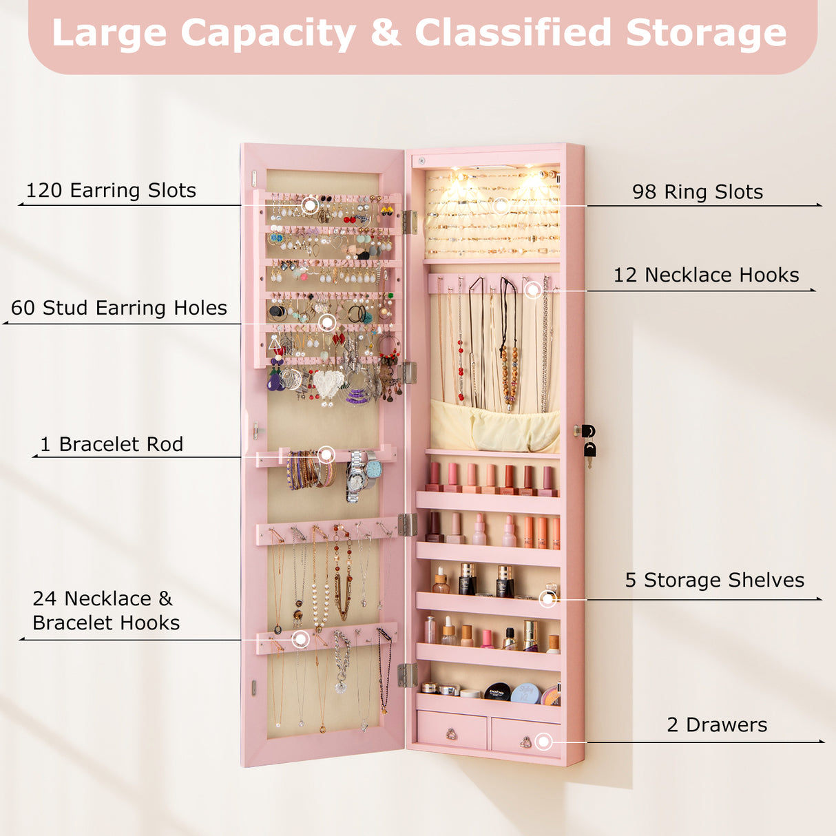 Wall and Door Mounted Mirrored Jewelry Cabinet with Lights