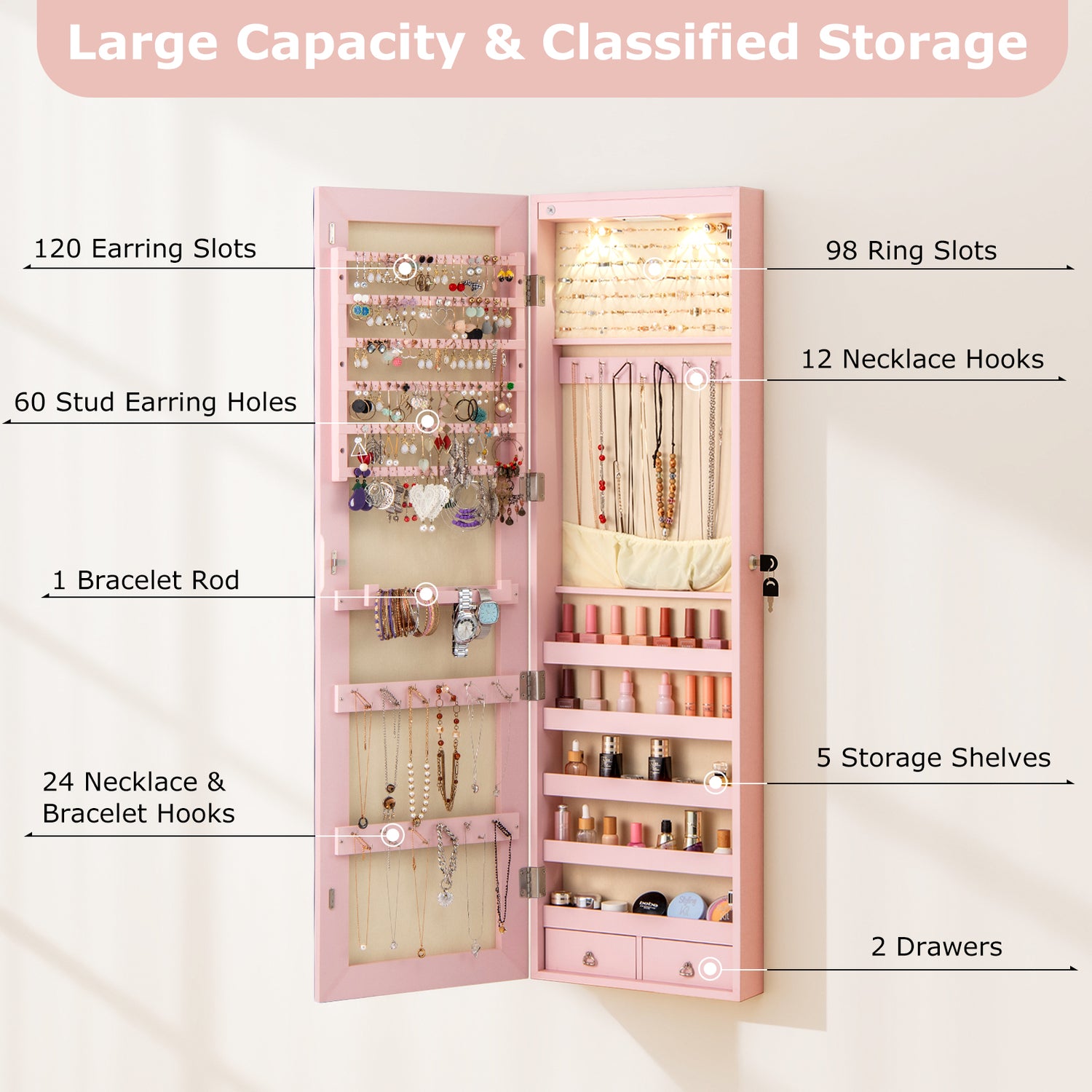 Wall and Door Mounted Mirrored Jewelry Cabinet with Lights