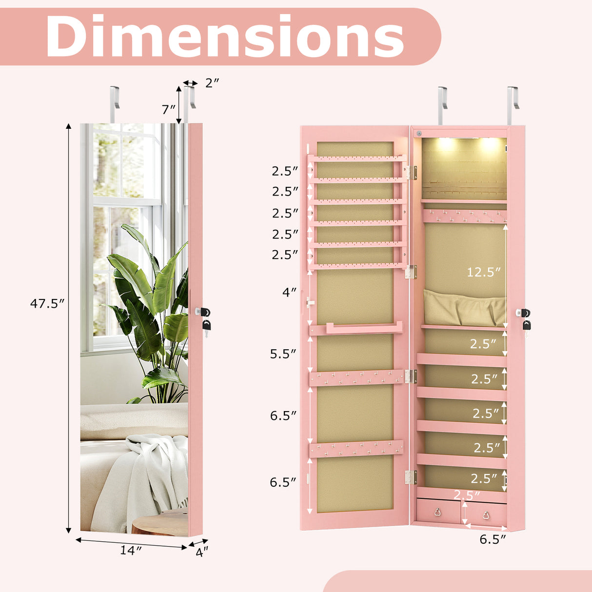 Wall and Door Mounted Mirrored Jewelry Cabinet with Lights