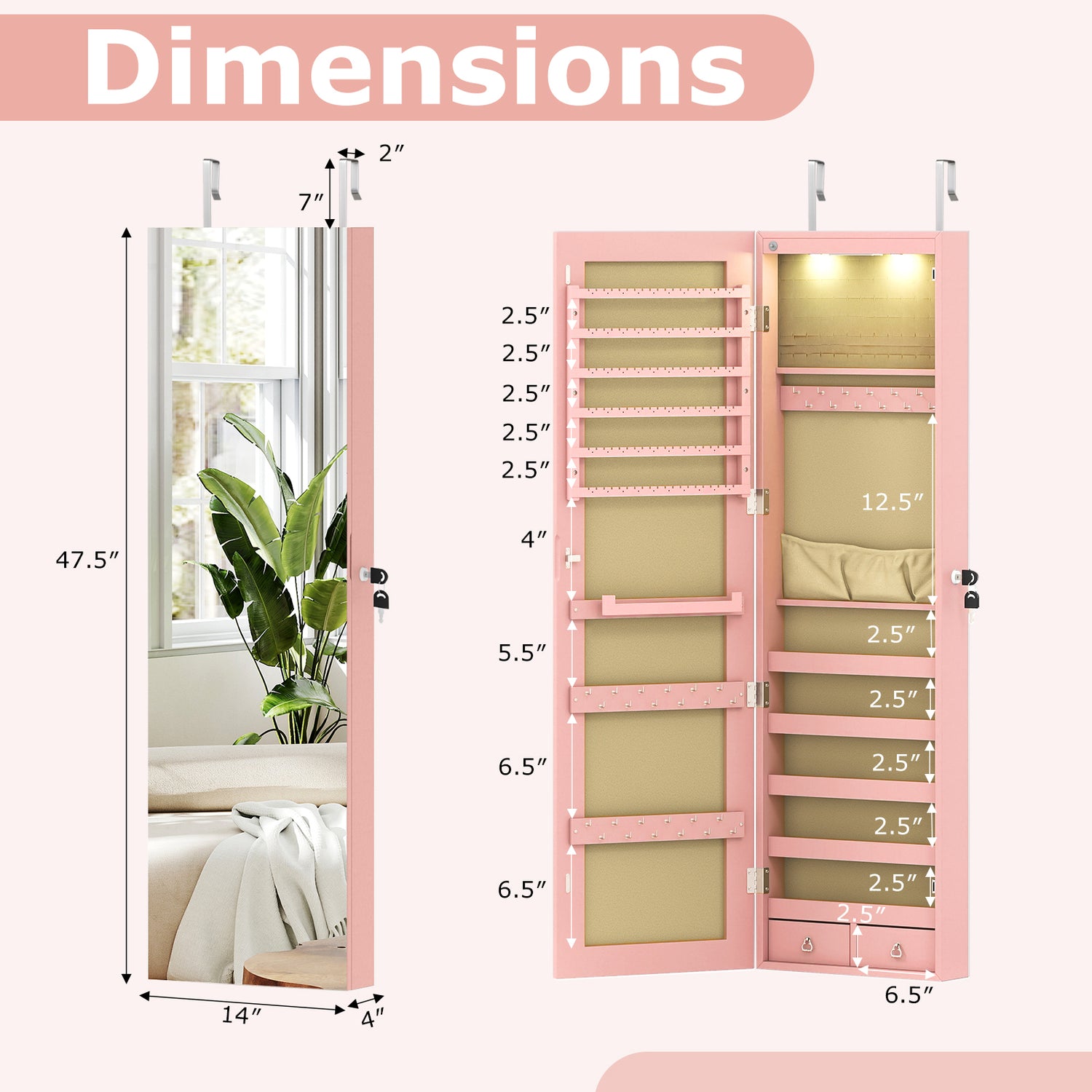 Wall and Door Mounted Mirrored Jewelry Cabinet with Lights