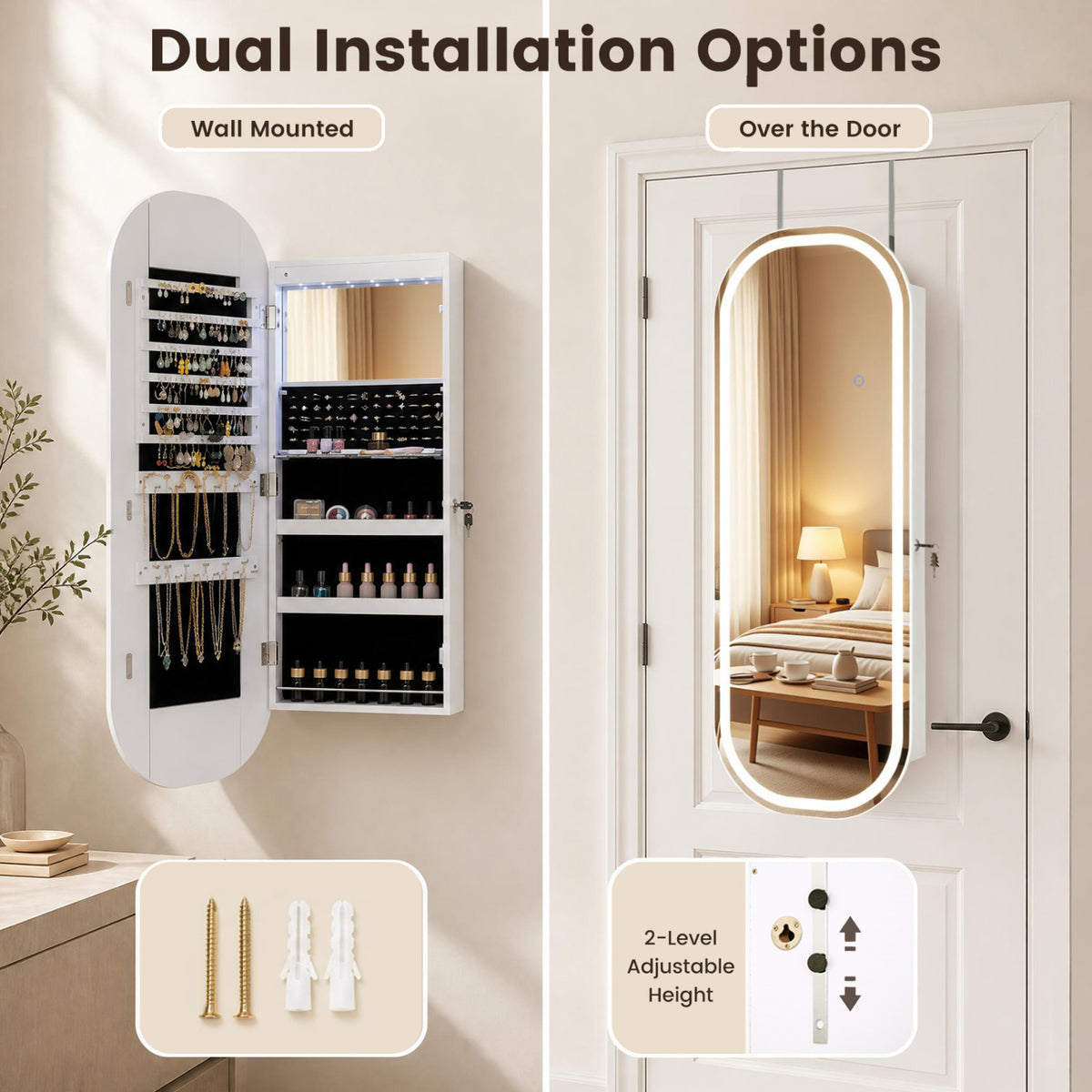 Wall and Door Mounted Mirror Jewelry Cabinet with 3-Color Adjustable Mirror-White