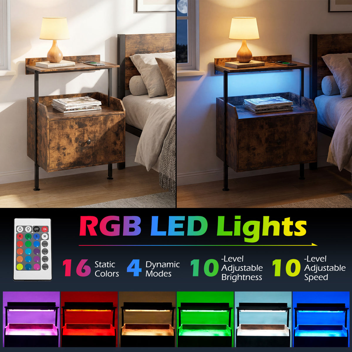 Wall-mounted Nightstand with LED Lights and Charging Station for Bedroom