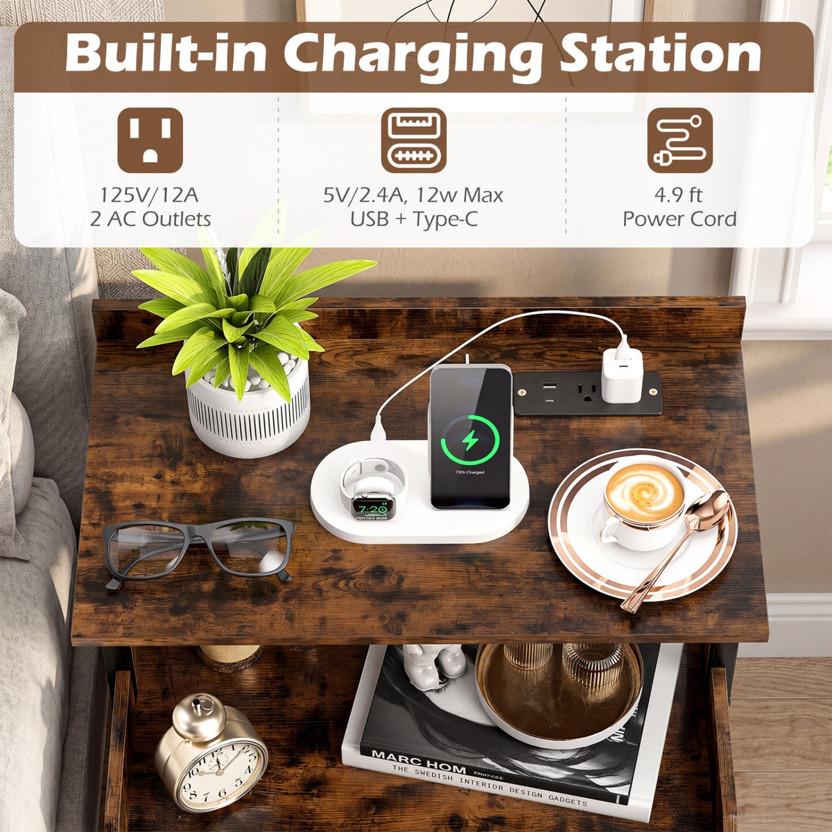 Wall-mounted Nightstand with LED Lights and Charging Station for Bedroom