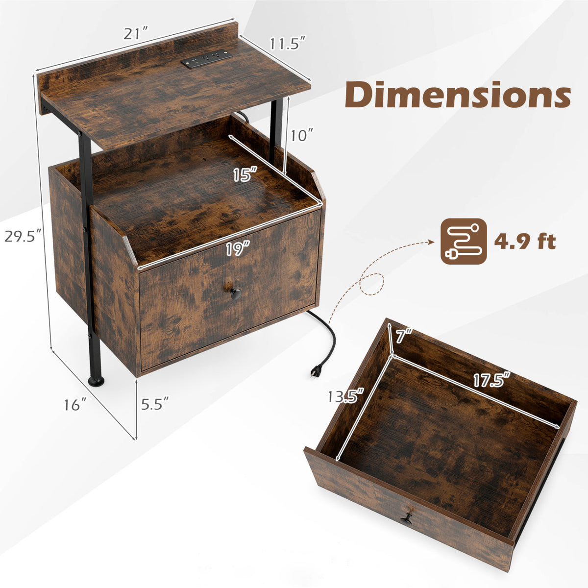 Wall-mounted Nightstand with LED Lights and Charging Station for Bedroom