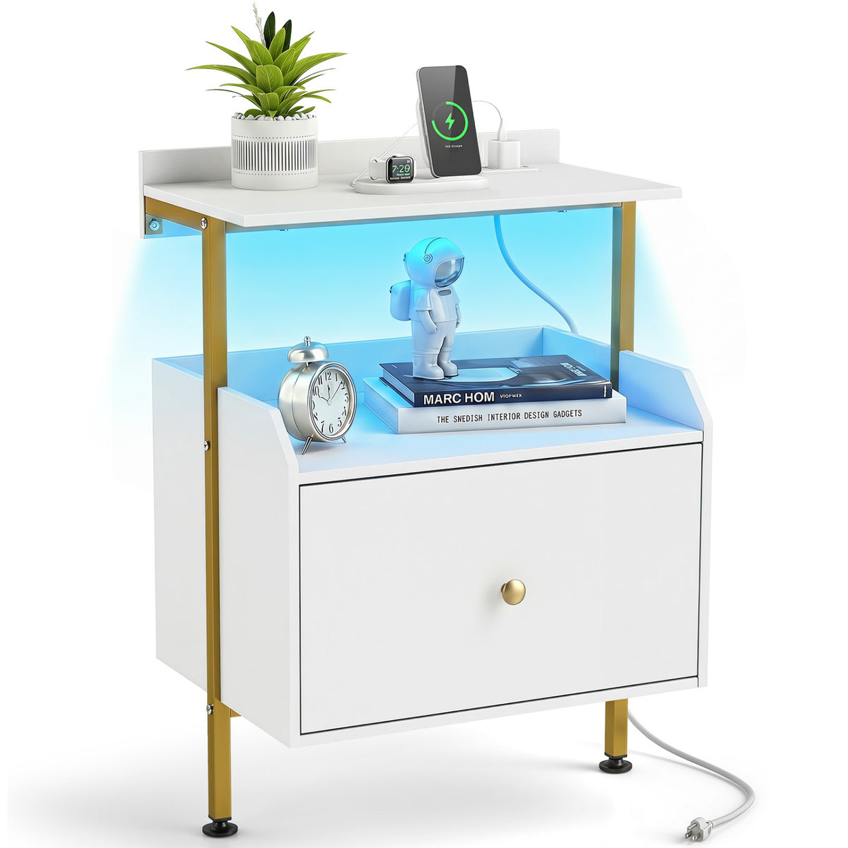 Wall-mounted Nightstand with LED Lights and Charging Station for Bedroom