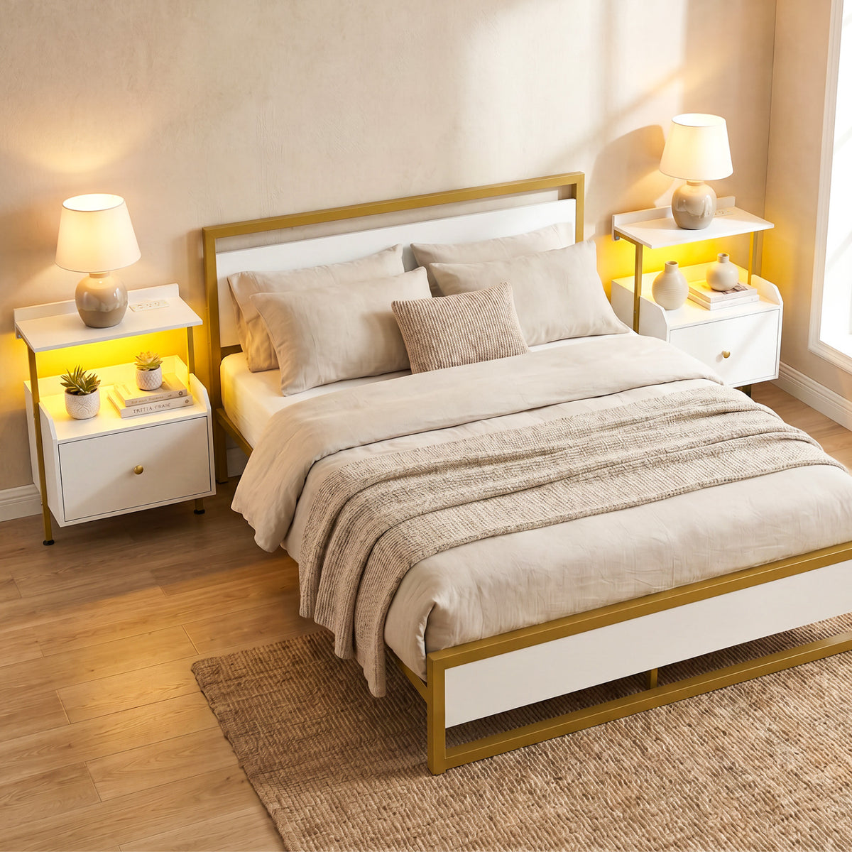 Wall-mounted Nightstand with LED Lights and Charging Station for Bedroom