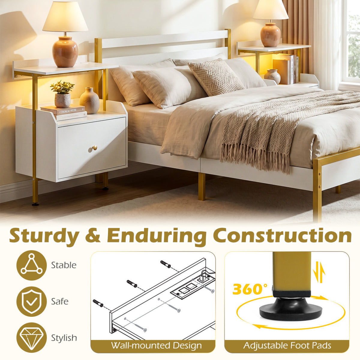 Wall-mounted Nightstand with LED Lights and Charging Station for Bedroom