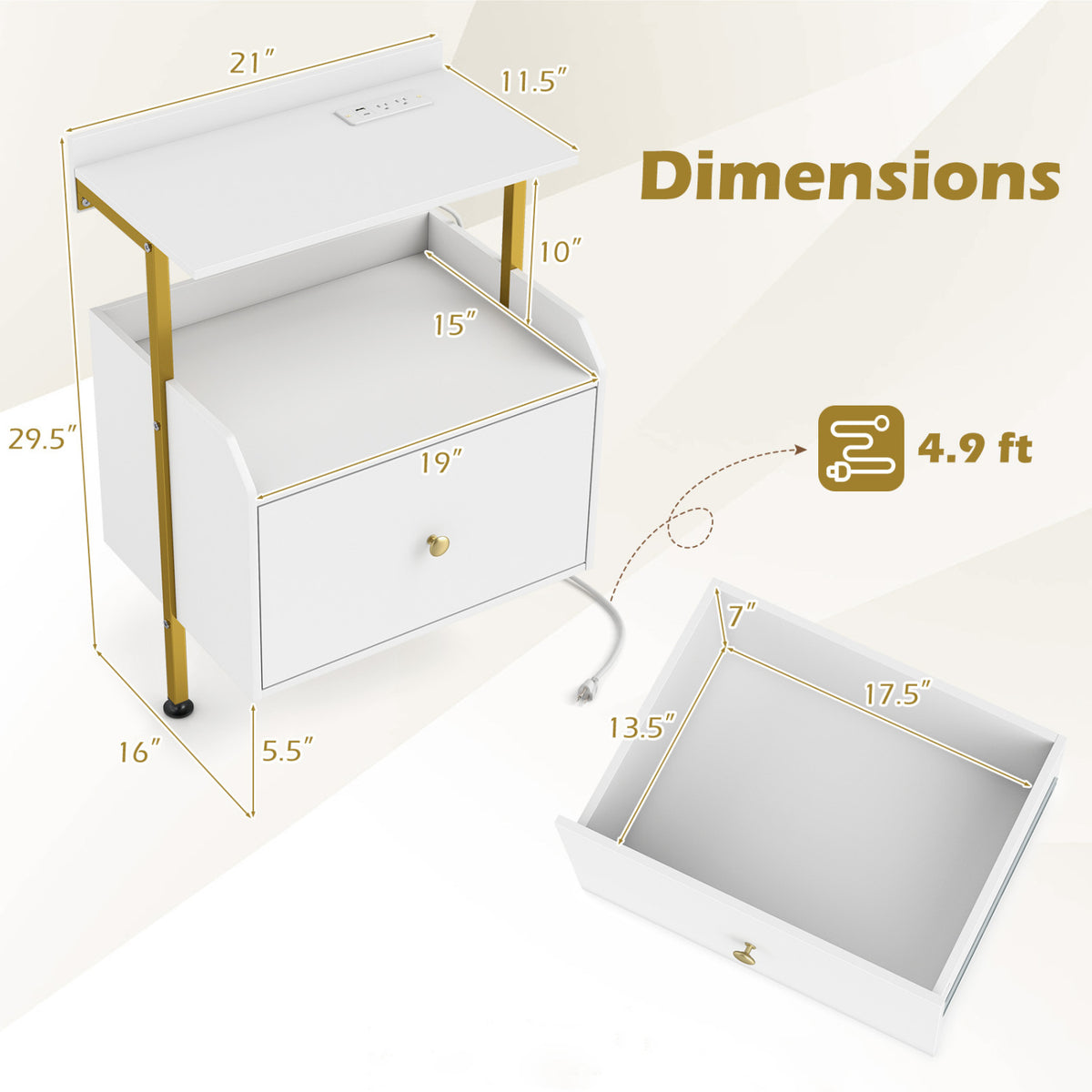 Wall-mounted Nightstand with LED Lights and Charging Station for Bedroom