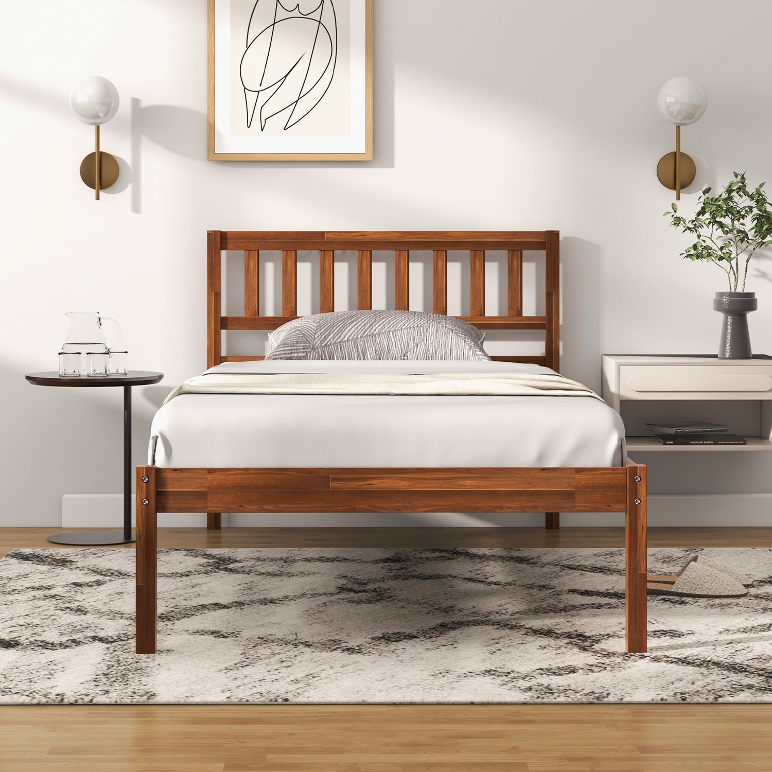 Twin/Full/Queen Size Wood Bed Frame with Headboard and Slat Support