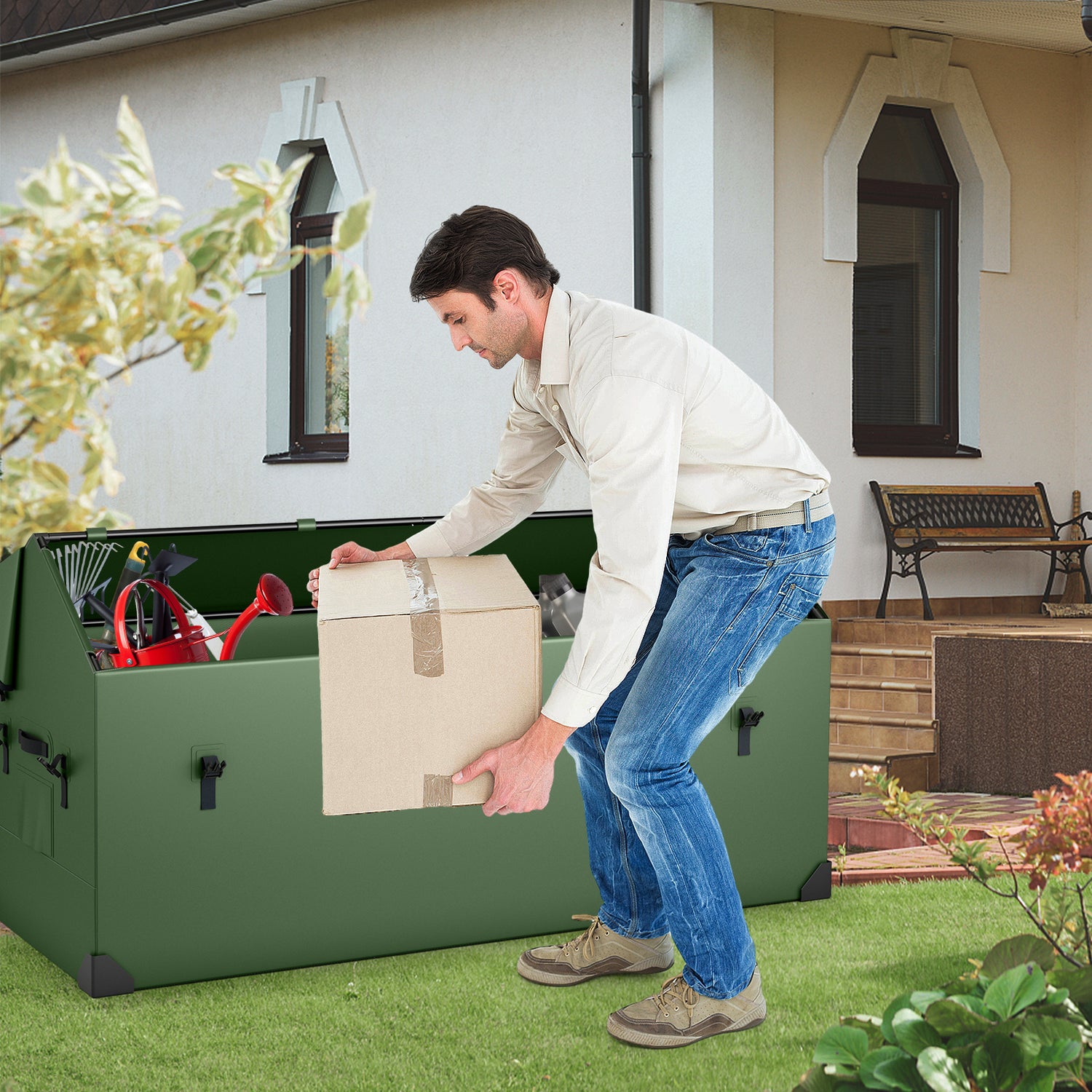 Waterproof Outdoor Storage Box with Ventilated Window Adjustable Snap-Green