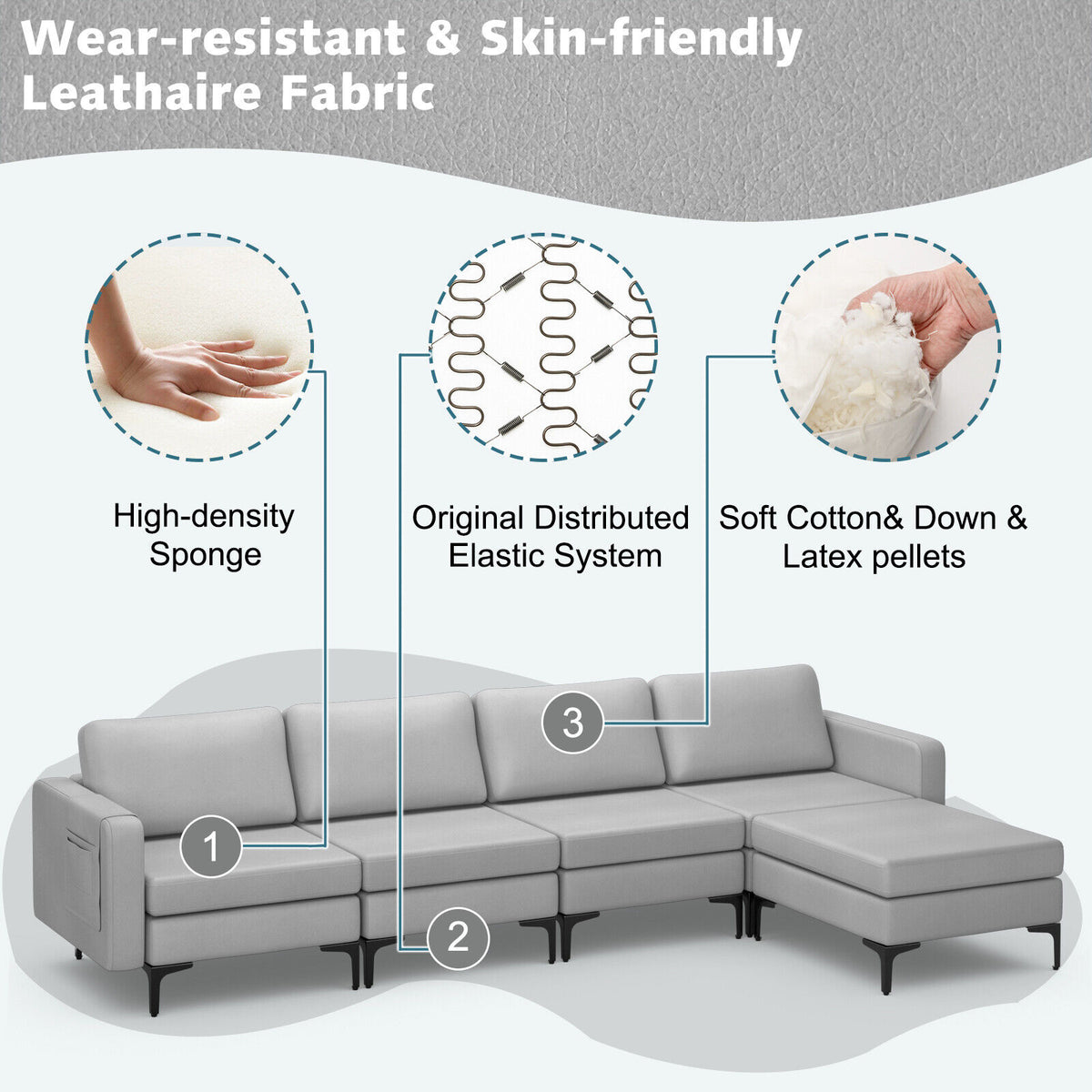 1/2/3/4-Seat Convertible Sectional Sofa with Reversible Ottoman-4-Seat L-shaped with 2 USB Ports